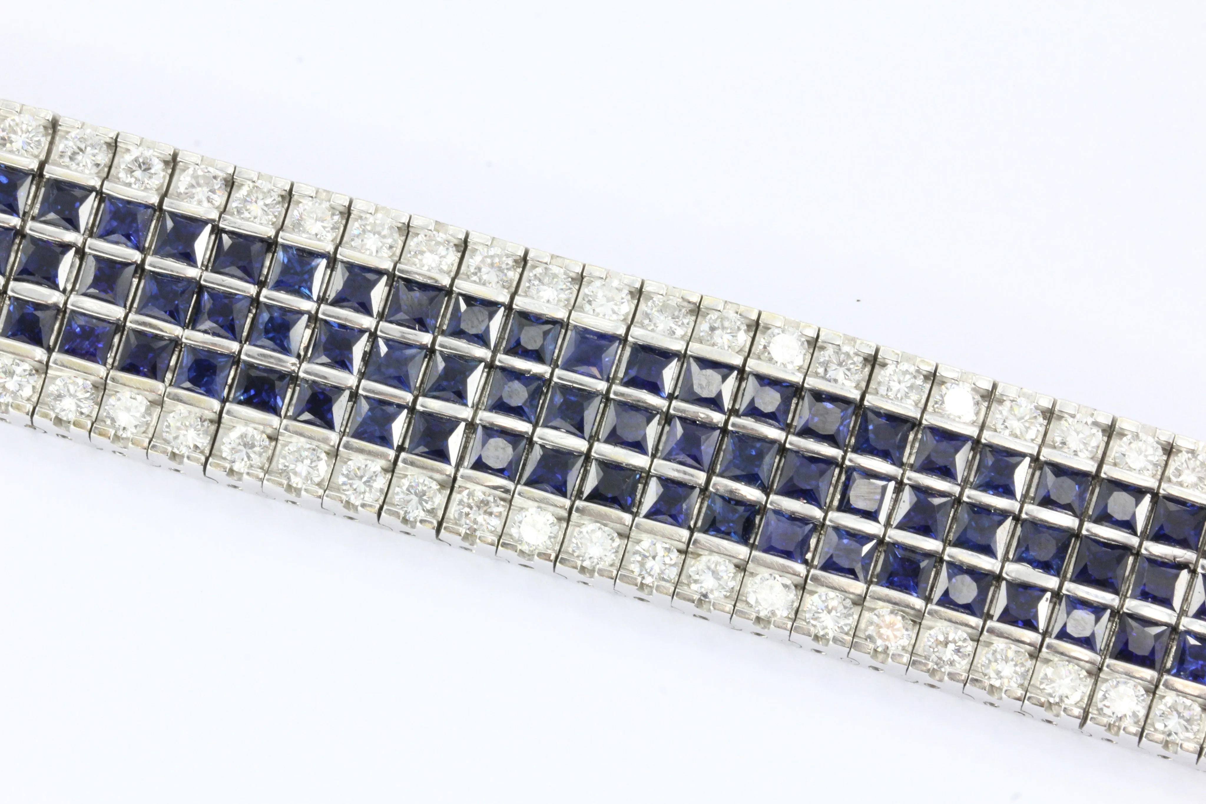 18K White Gold Diamond & Blue Sapphire Wide Tennis Bracelet 30 CTW