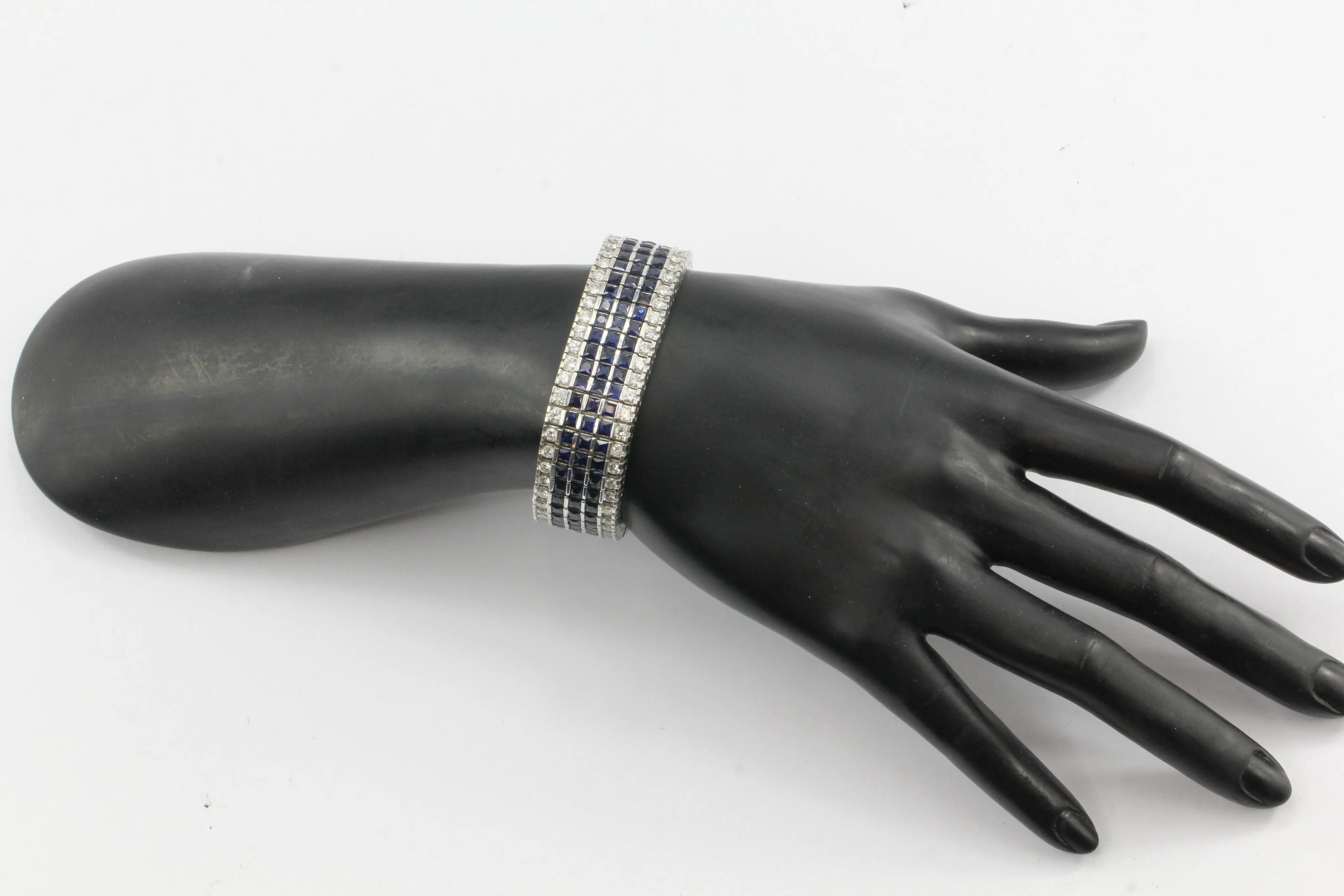 18K White Gold Diamond & Blue Sapphire Wide Tennis Bracelet 30 CTW