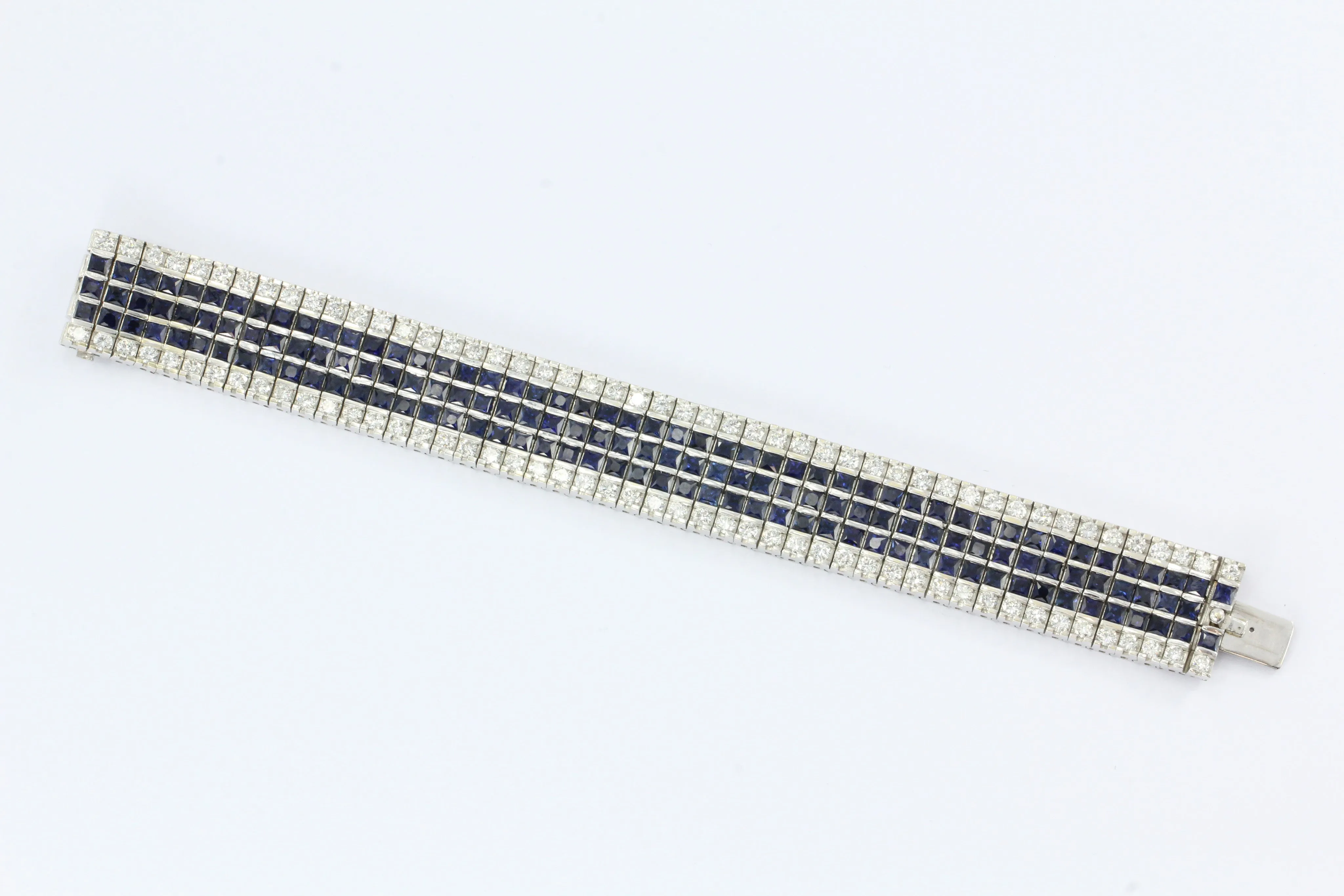 18K White Gold Diamond & Blue Sapphire Wide Tennis Bracelet 30 CTW