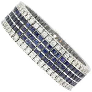18K White Gold Diamond & Blue Sapphire Wide Tennis Bracelet 30 CTW