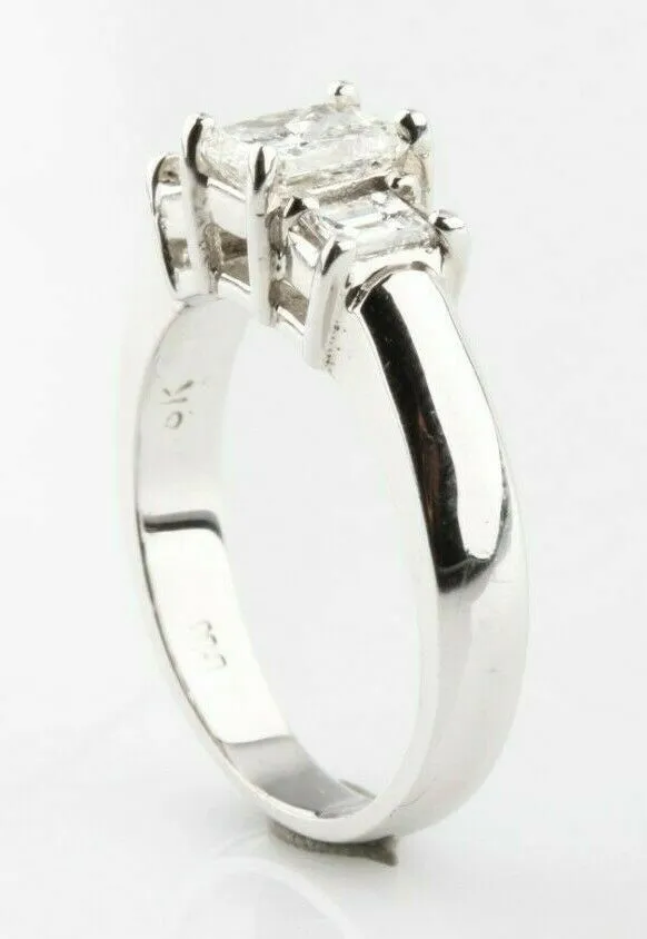 18k White Gold Three-Stone Princess and Emerald Cut Engagement Ring Size 6
