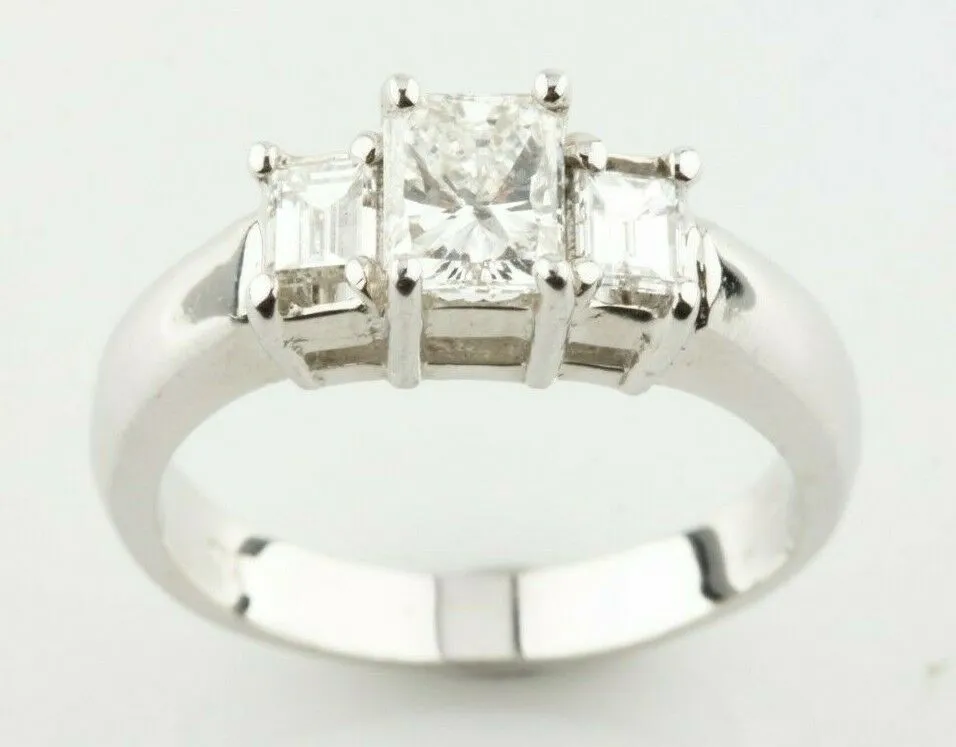 18k White Gold Three-Stone Princess and Emerald Cut Engagement Ring Size 6