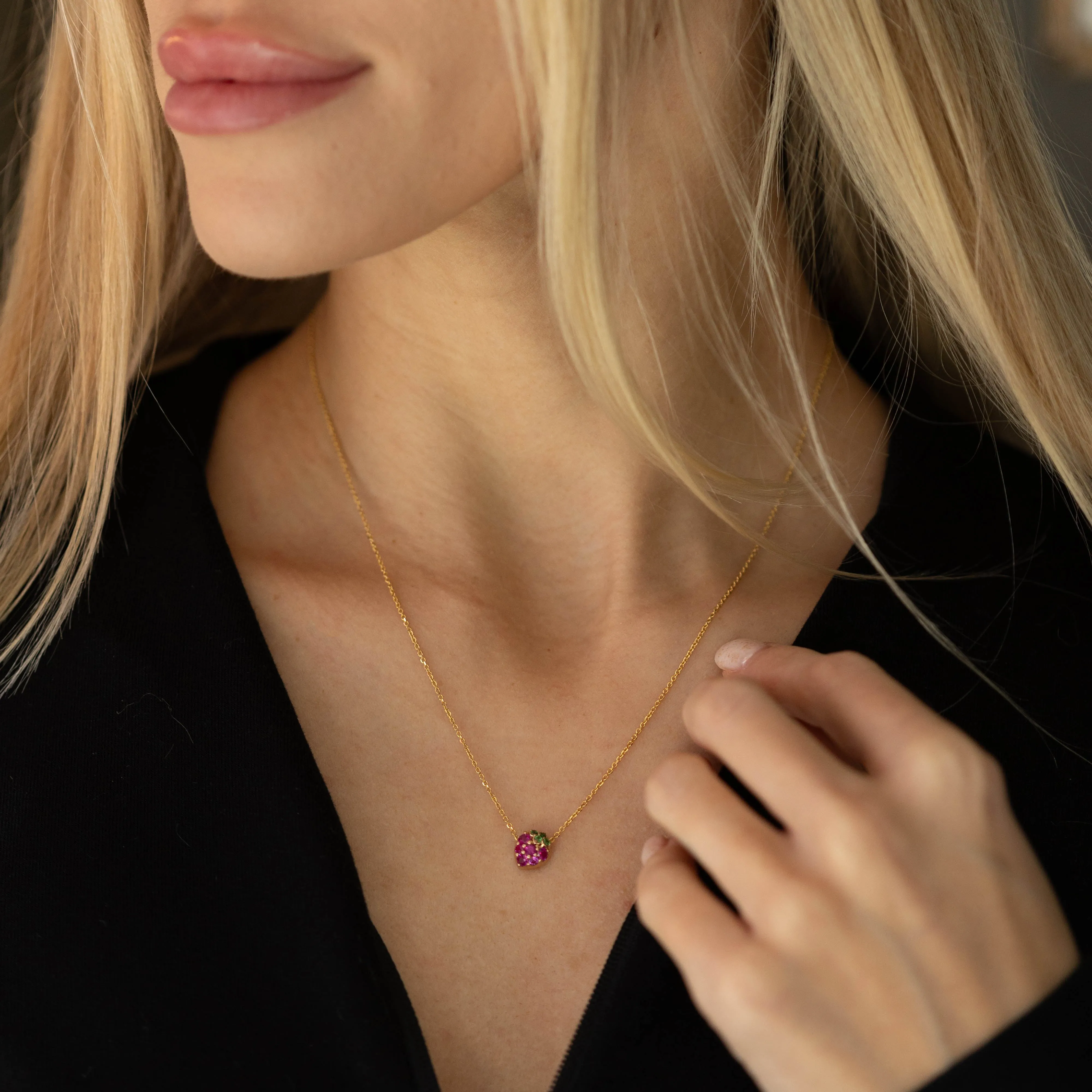 18K Yellow Gold Pink Sapphire, Ruby, and Tsavorite Garnet Strawberry Pendant Necklace