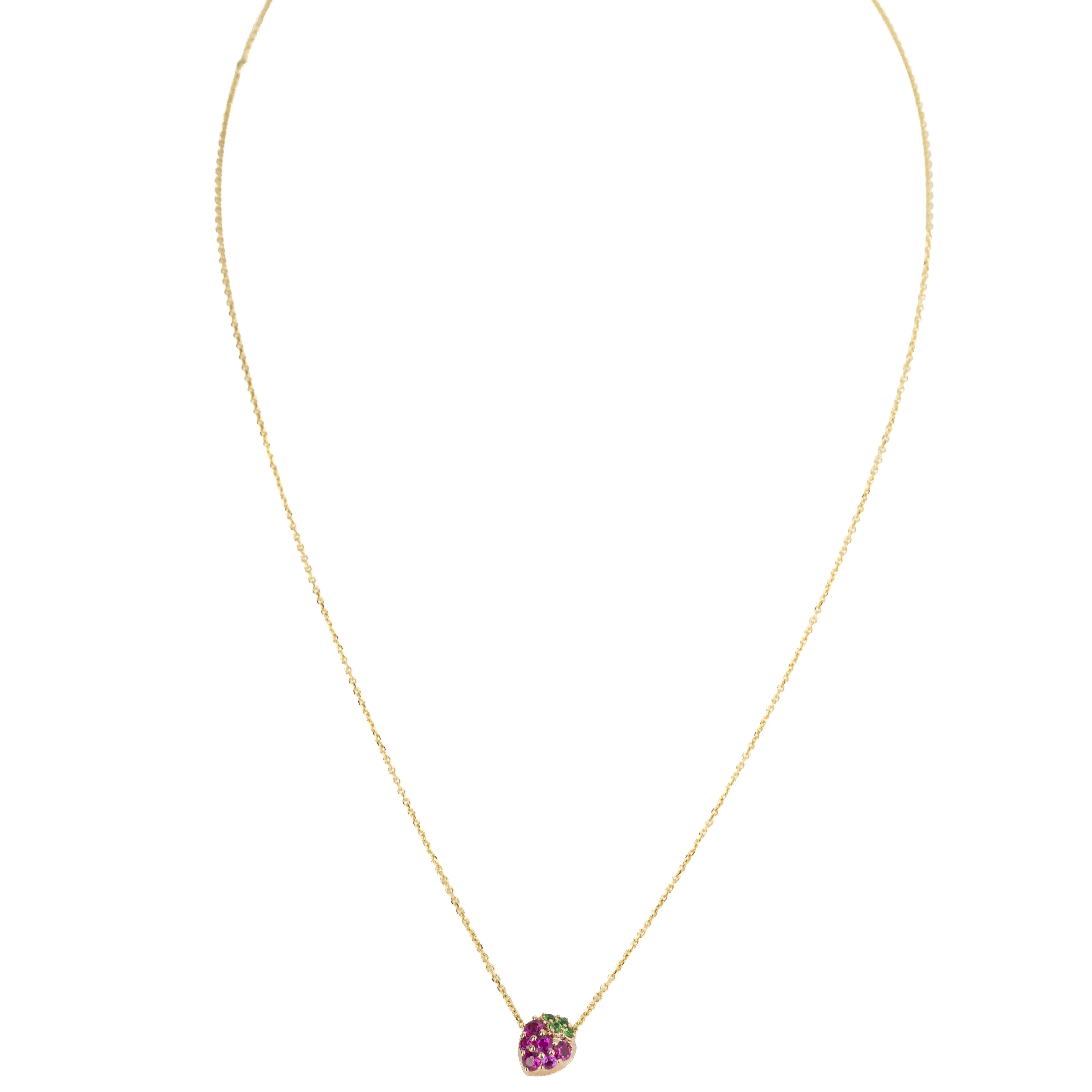 18K Yellow Gold Pink Sapphire, Ruby, and Tsavorite Garnet Strawberry Pendant Necklace