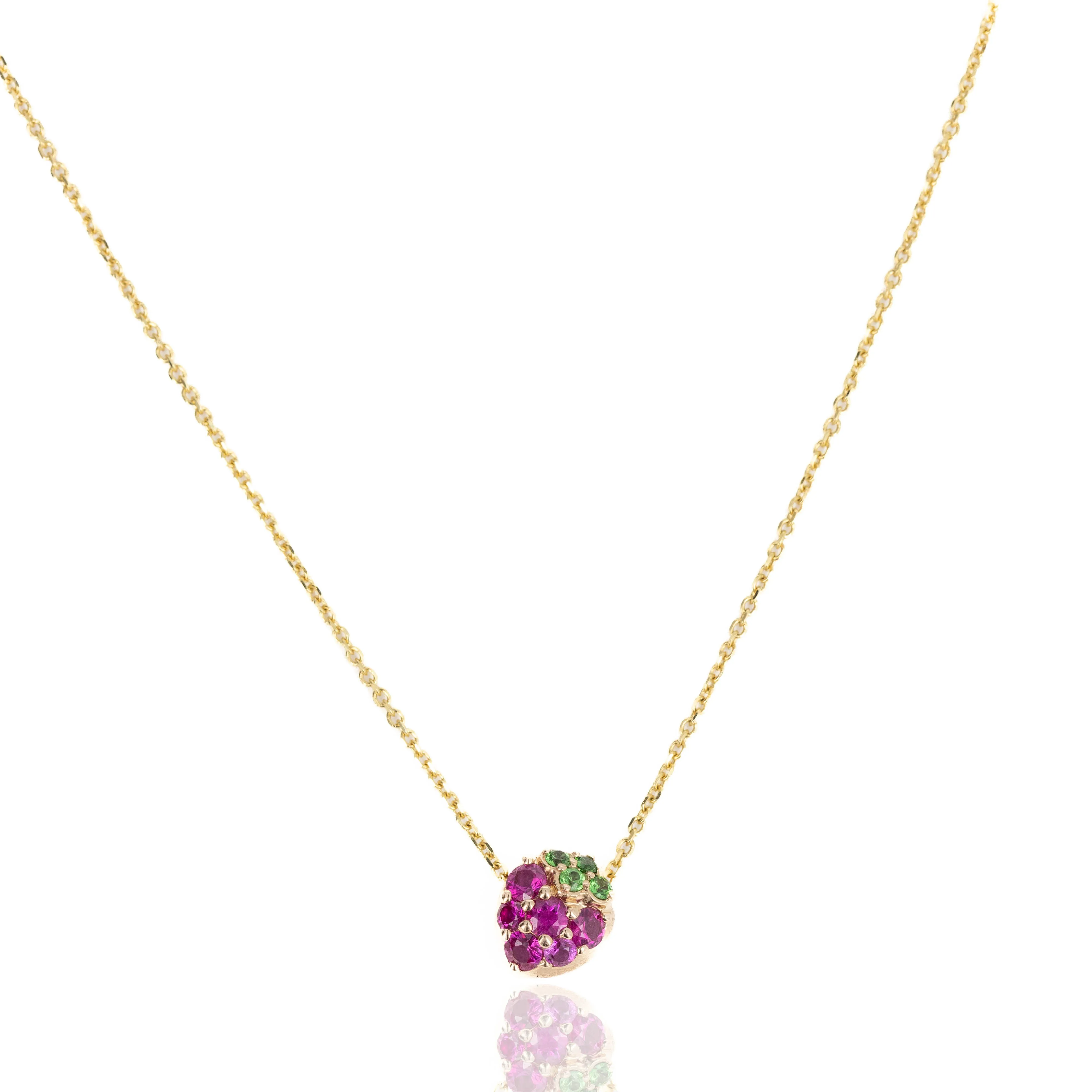 18K Yellow Gold Pink Sapphire, Ruby, and Tsavorite Garnet Strawberry Pendant Necklace