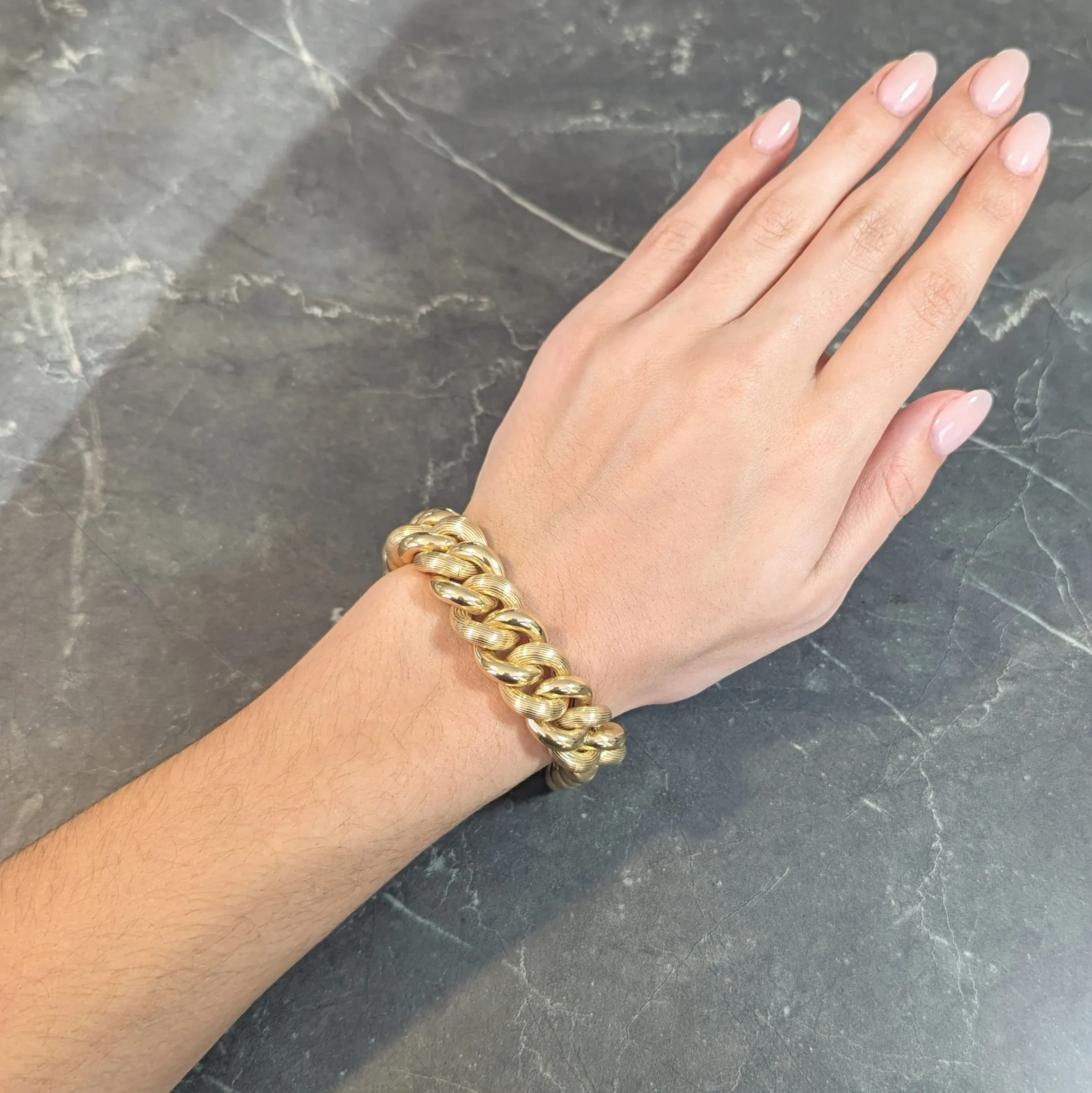 1980's 14 Karat Yellow Gold Textured Puffy Curb Link Vintage Bracelet