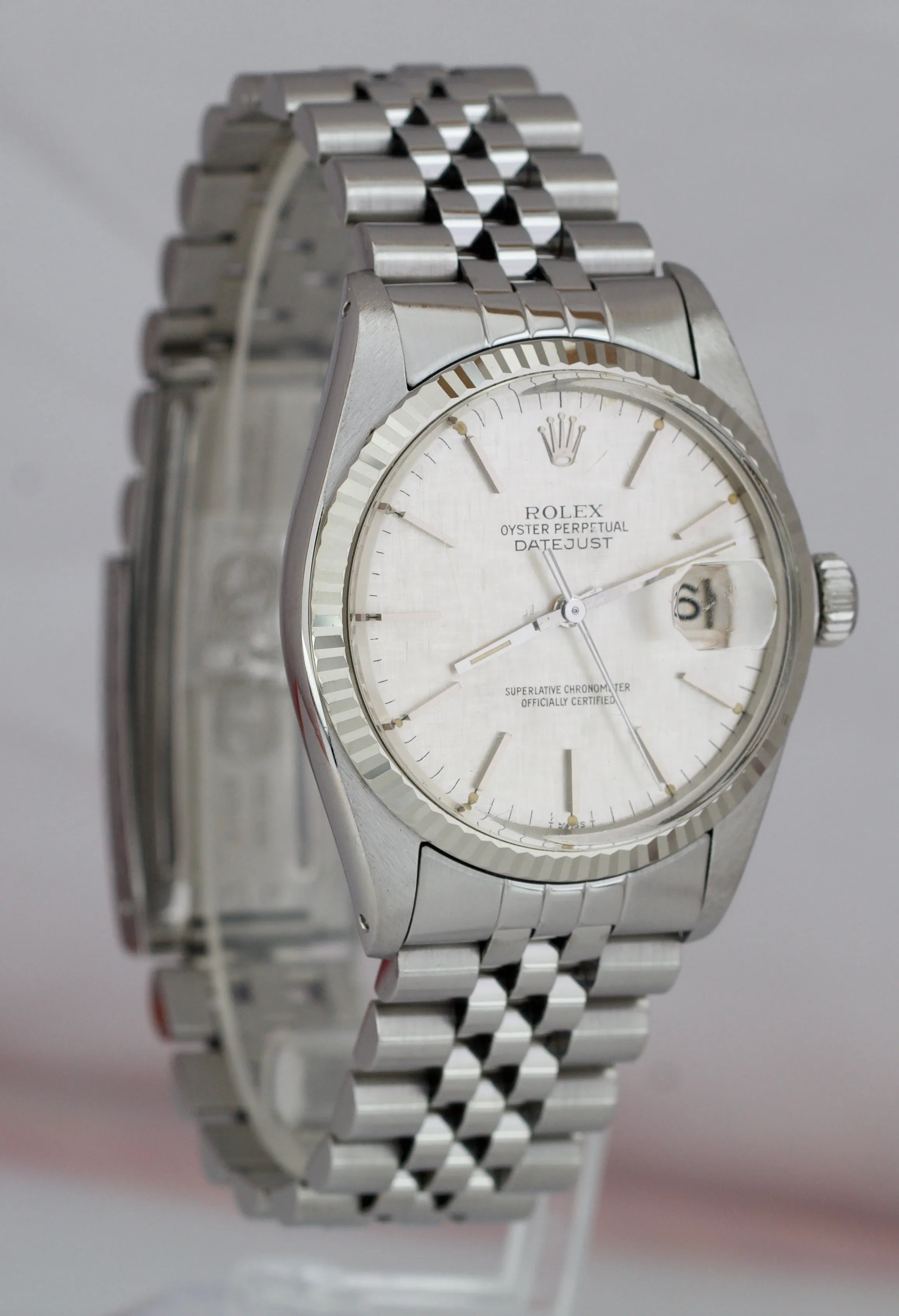 1981 UNPOLISHED Rolex DateJust 36mm 16014 LINEN Silver Jubilee Watch BOX PAPERS