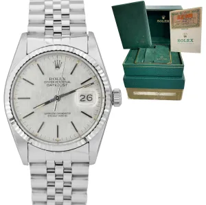 1981 UNPOLISHED Rolex DateJust 36mm 16014 LINEN Silver Jubilee Watch BOX PAPERS