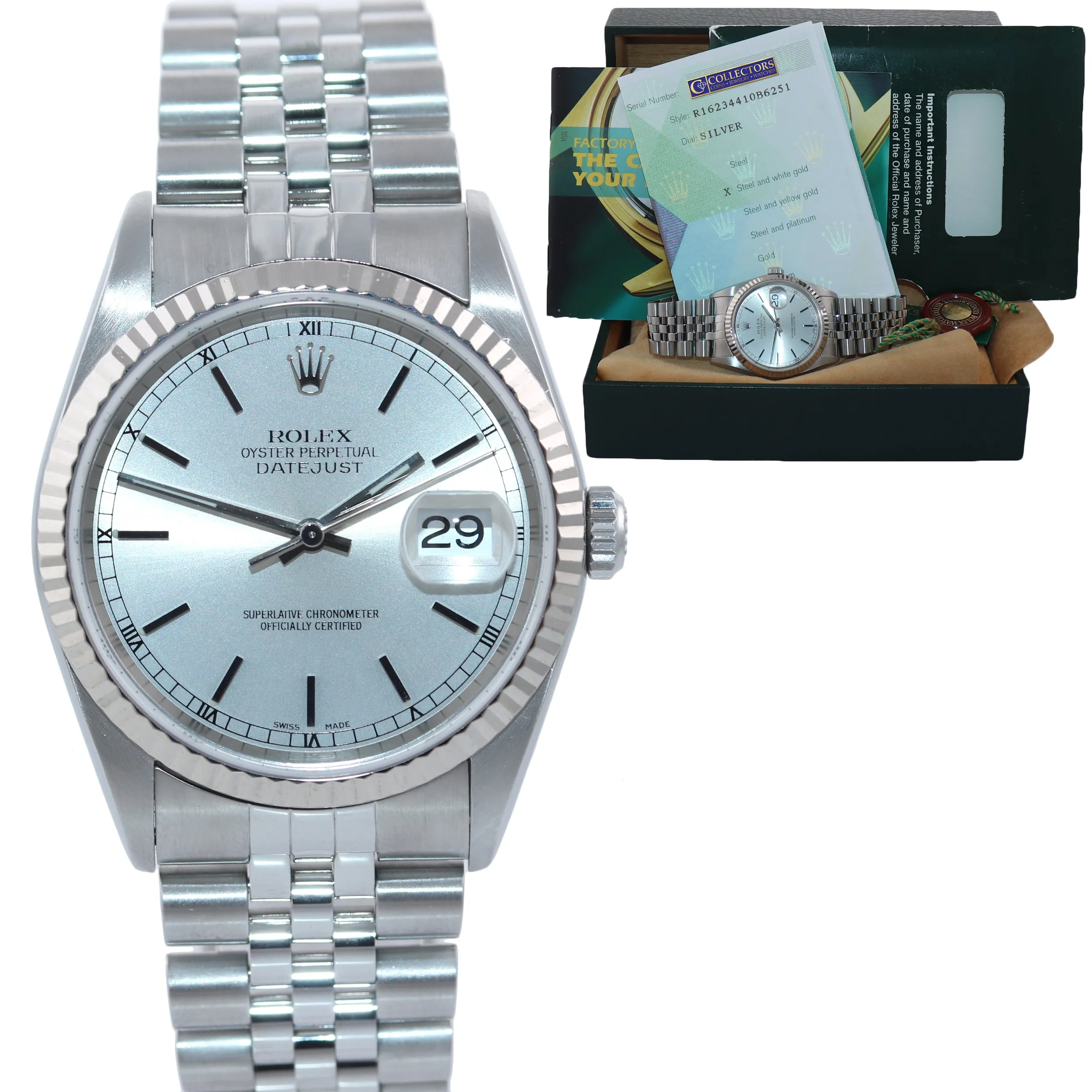 2002 PAPERS Rolex DateJust 36mm 16234 Steel Silver Stick Jubilee Gold Fluted Wat