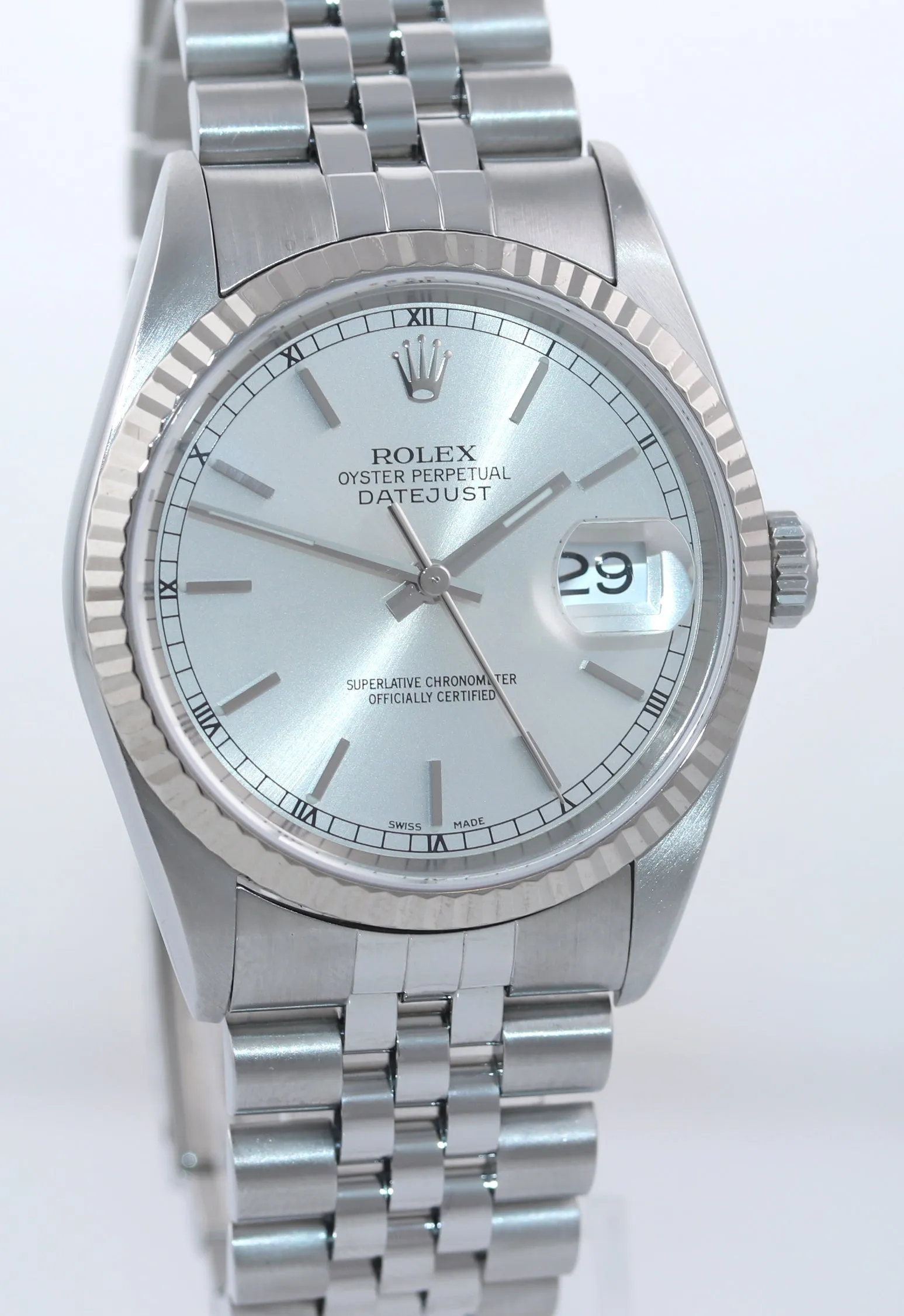2002 PAPERS Rolex DateJust 36mm 16234 Steel Silver Stick Jubilee Gold Fluted Wat
