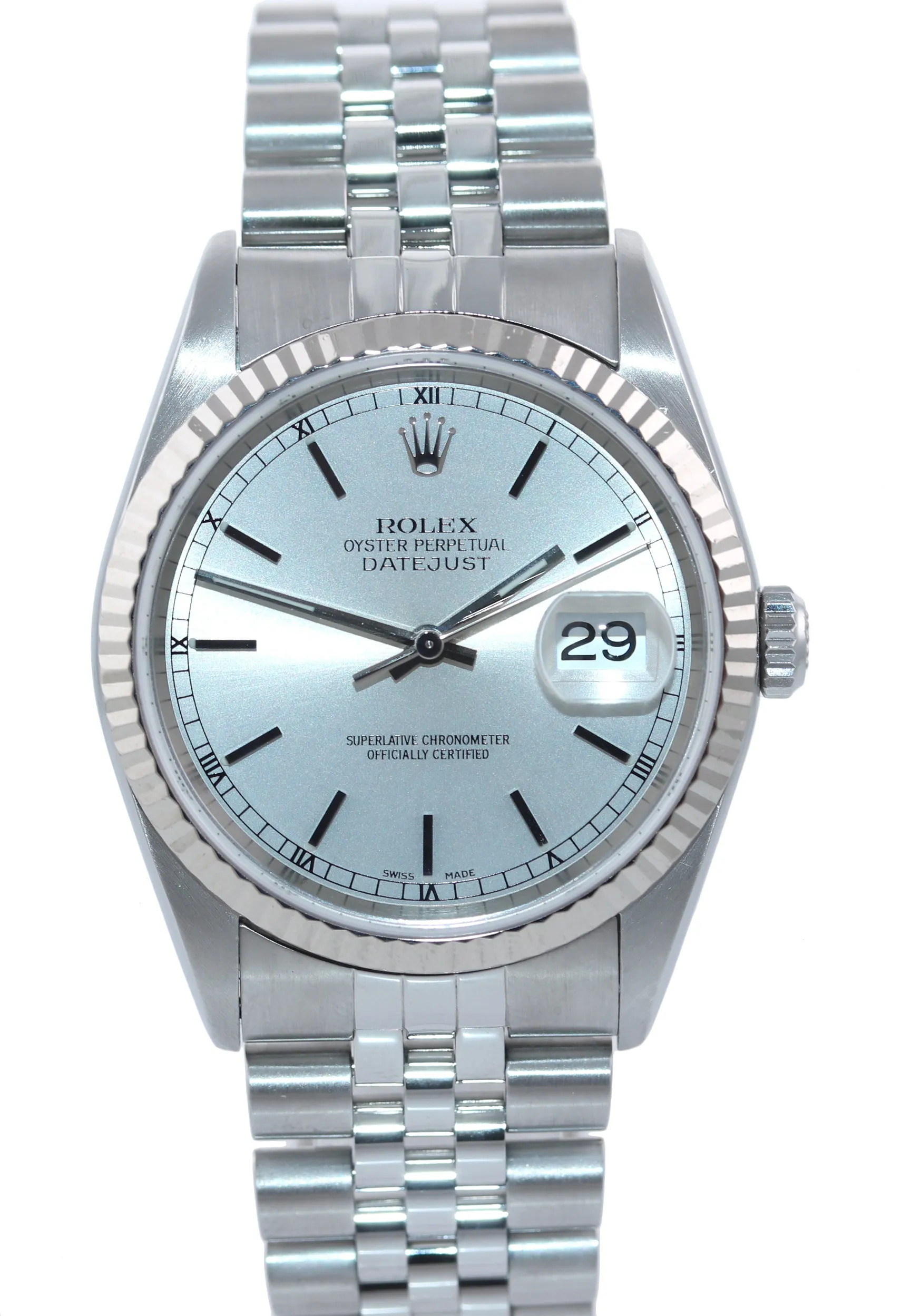 2002 PAPERS Rolex DateJust 36mm 16234 Steel Silver Stick Jubilee Gold Fluted Wat