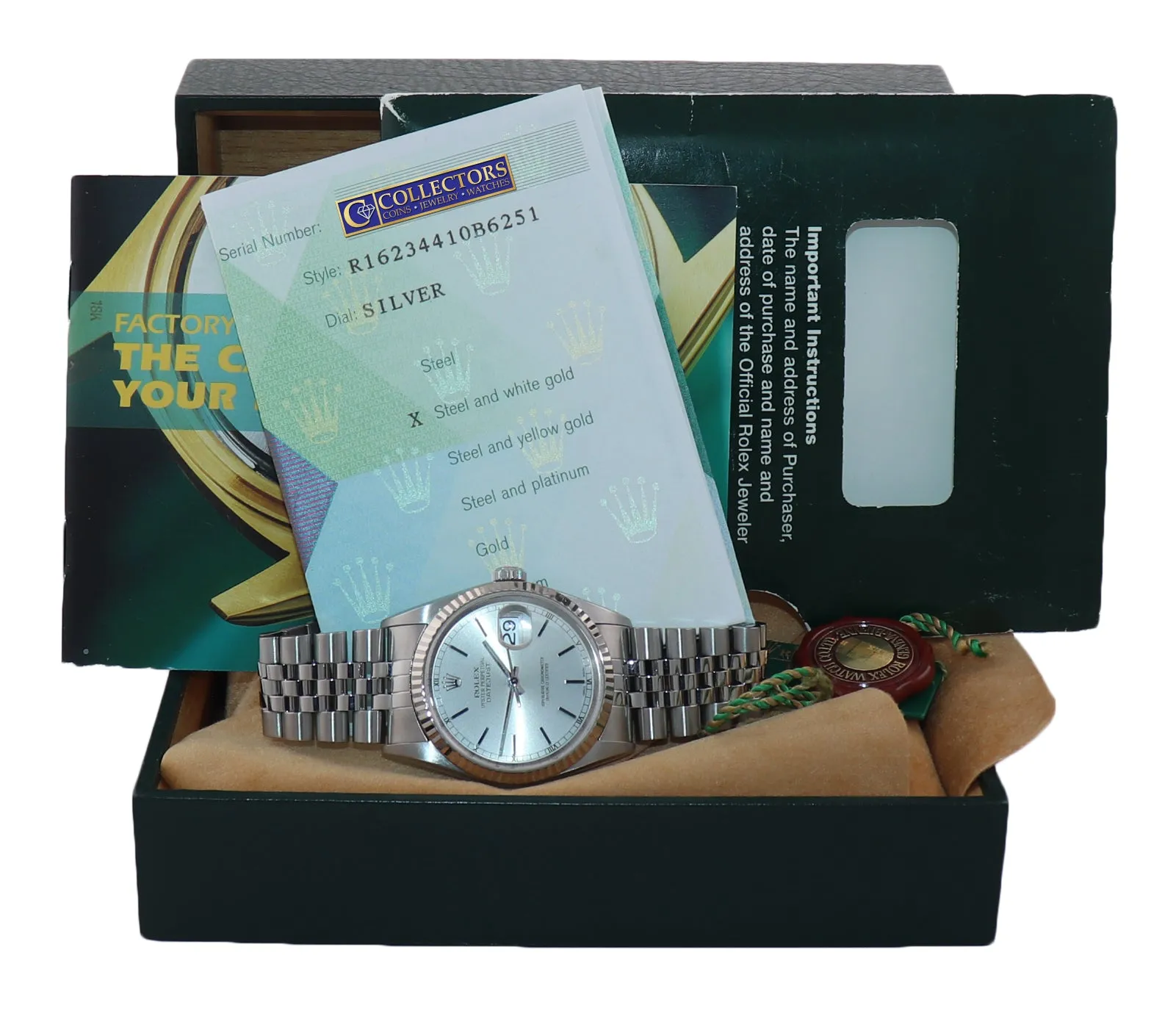 2002 PAPERS Rolex DateJust 36mm 16234 Steel Silver Stick Jubilee Gold Fluted Wat