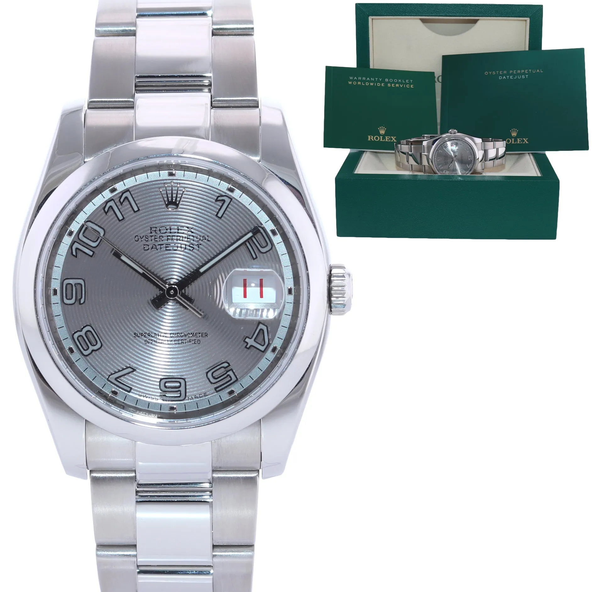 2008 Rolex DateJust Silver Concentric Arabic 116200 36mm Oyster Steel Watch Box
