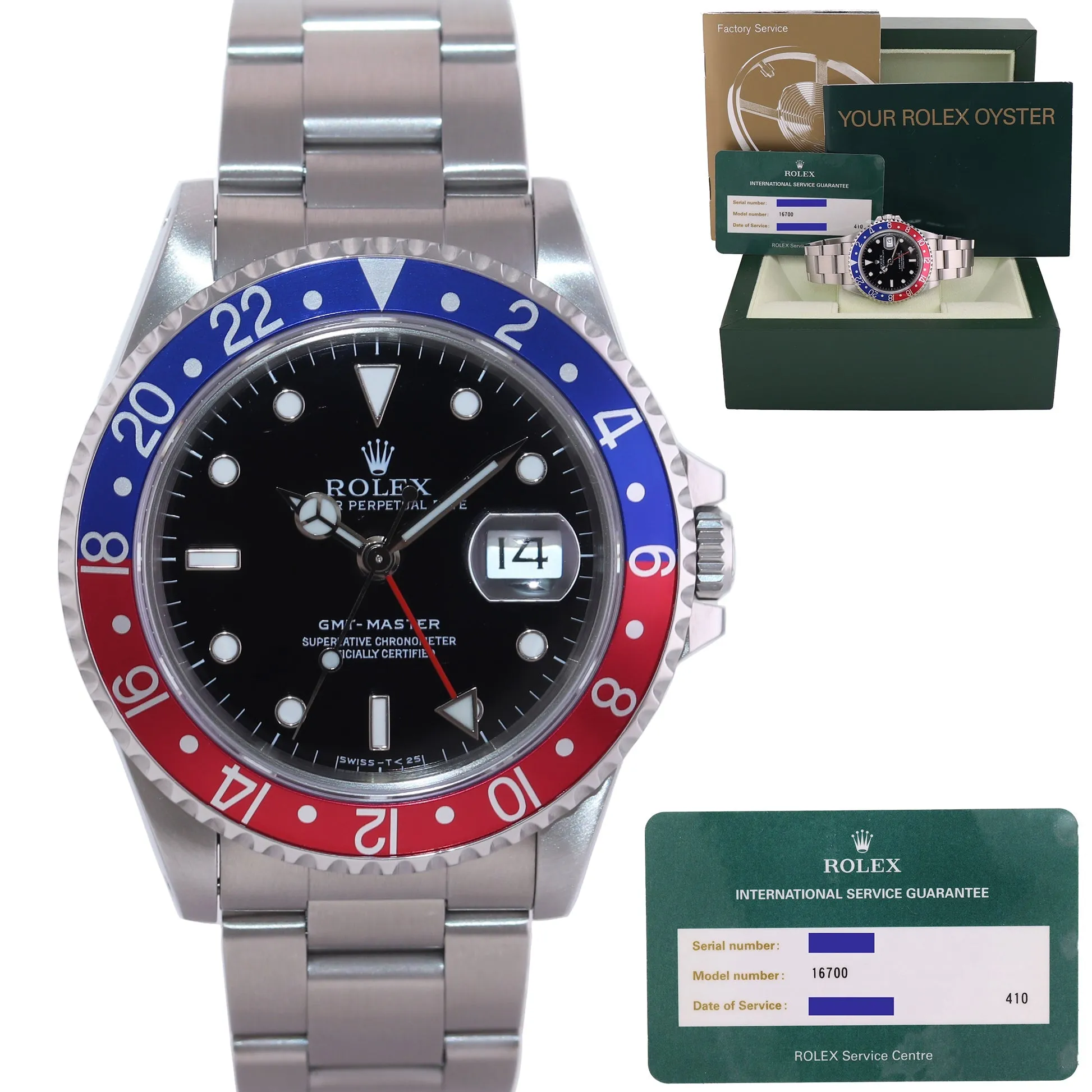 2014 RSC Service Rolex GMT-Master Pepsi Blue Red Steel 16700 Watch Oyster Box
