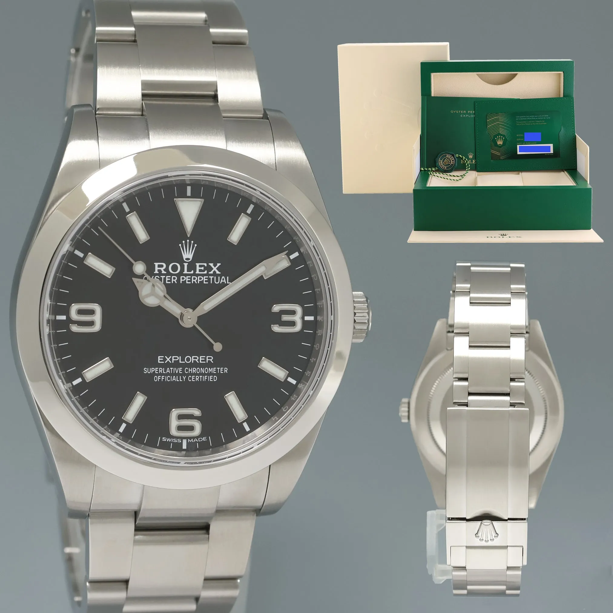 2020 NEW PAPERS Rolex 214270 Explorer Black BLUE LUME 3-6-9 Steel 39mm Watch