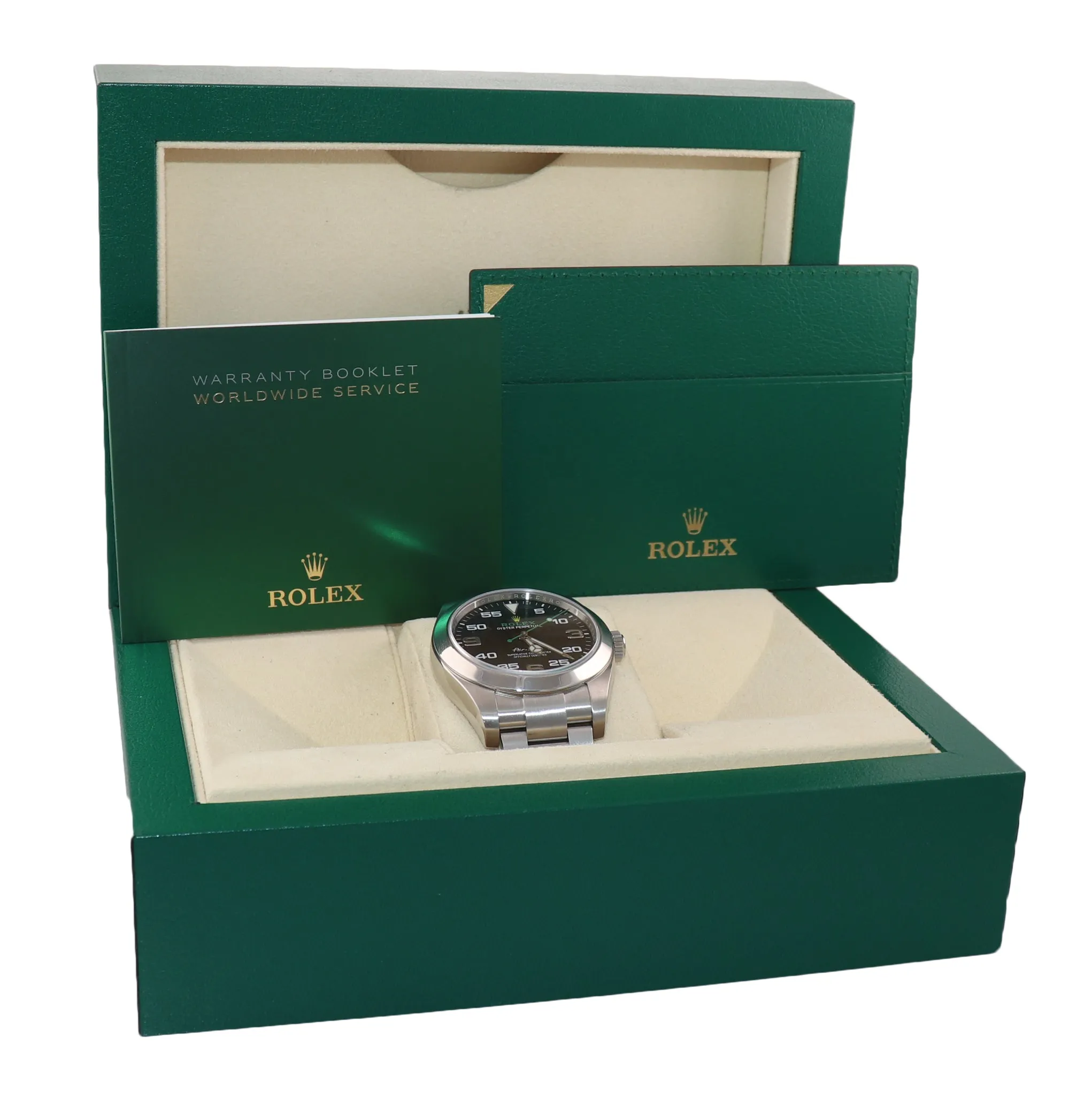 2020 Rolex Air King 116900 Black Arabic Dial 40mm Steel Green Watch Box