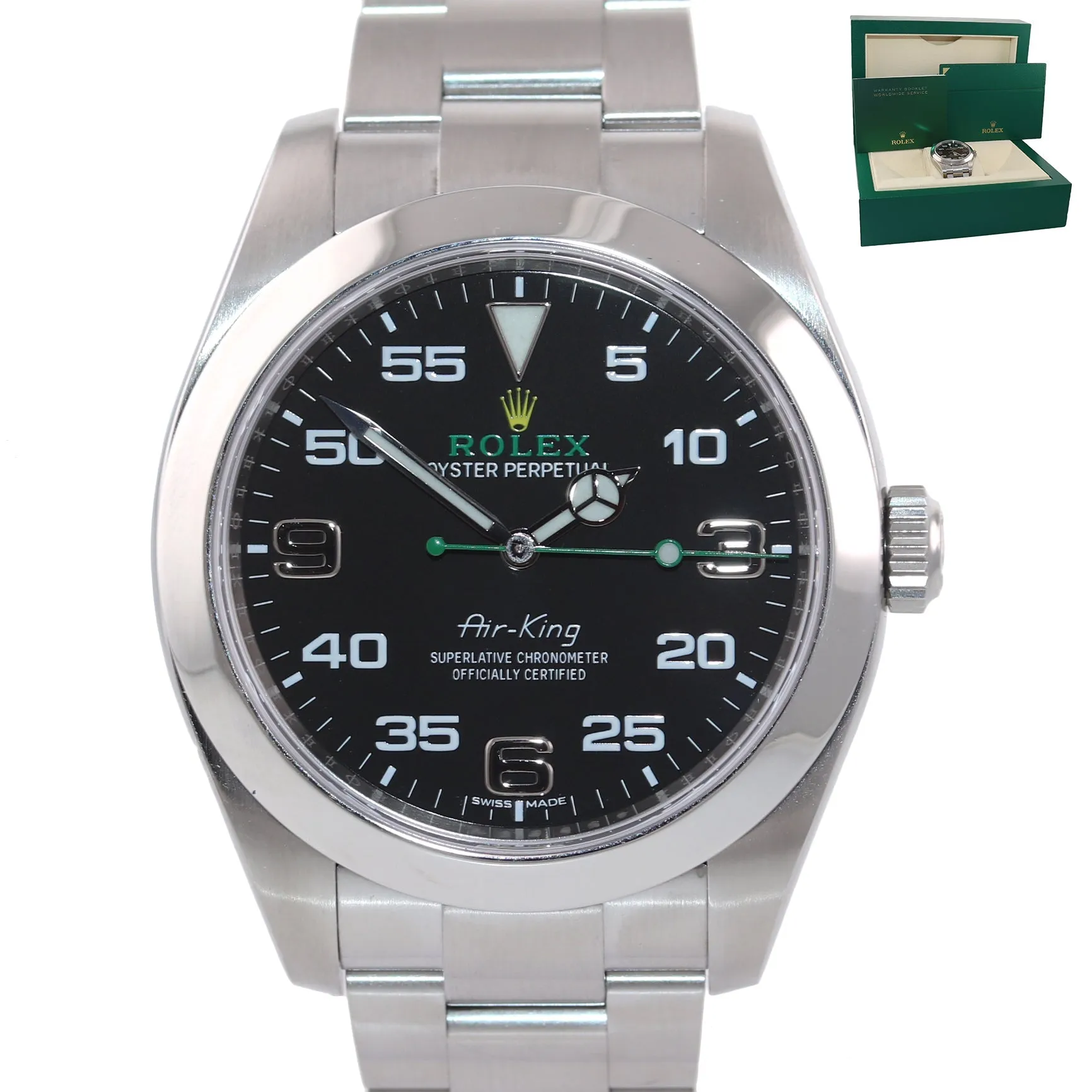 2020 Rolex Air King 116900 Black Arabic Dial 40mm Steel Green Watch Box