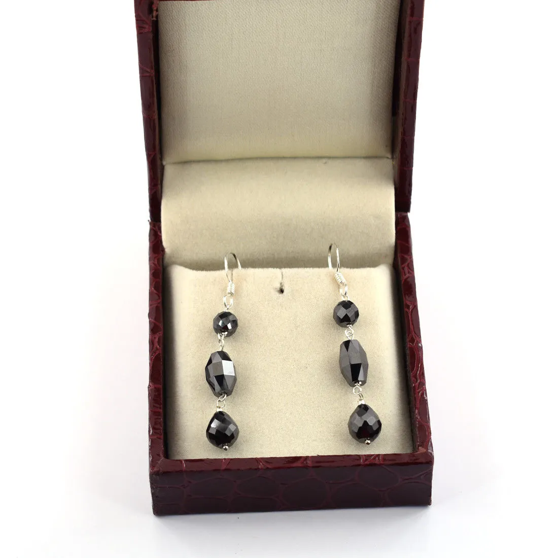 20.70 Cts Fancy Black Diamonds Beads Dangler Earrings in 925 Silver, AAA Certified- Great Shine with Elegant Look