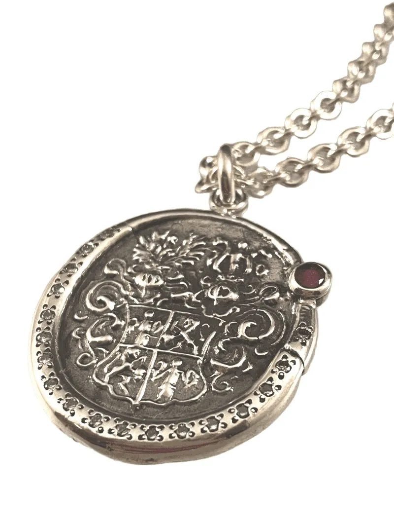 22” Sterling Silver Floral Shield Crest with Diamonds & Ruby