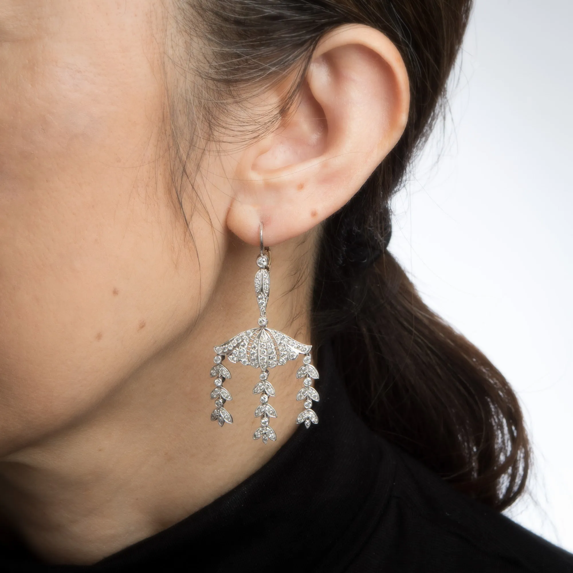 2.25ct Diamond Dangle Earrings Vintage Platinum 14k Gold Foliate Drops Jewelry