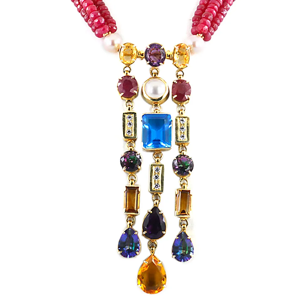 3 - 4 mm Three Row Multi Colors Gemstone Beads Wedding Necklace For Women's