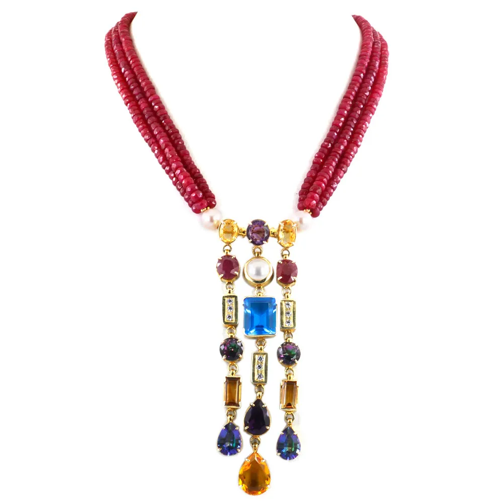 3 - 4 mm Three Row Multi Colors Gemstone Beads Wedding Necklace For Women's