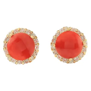 3.65 Carat Natural Coral 14K Yellow Gold Diamond Earrings