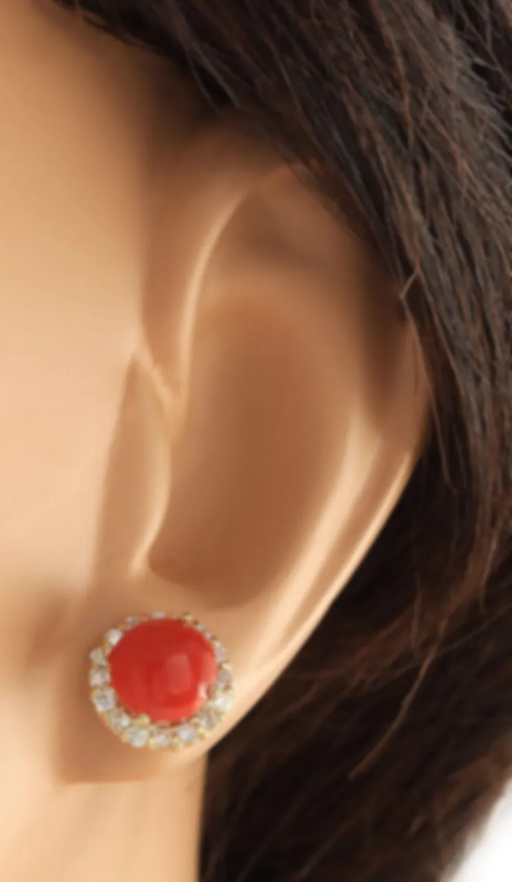 3.65 Carat Natural Coral 14K Yellow Gold Diamond Earrings