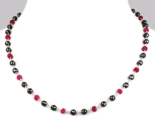 4-5 mm Ruby with Black Diamond Beads Sterling Silver Wire Necklace, Ideal Gift for Birthday, Anniversary