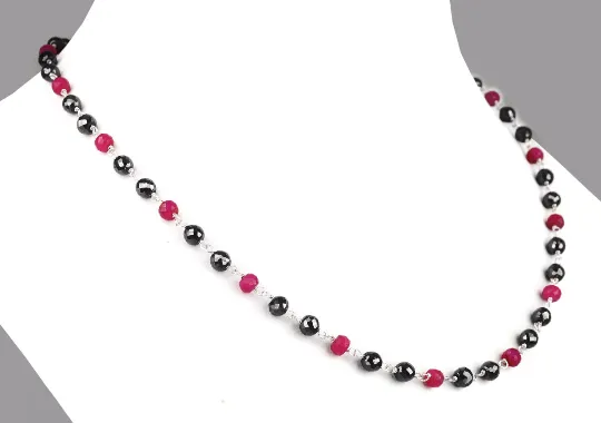 4-5 mm Ruby with Black Diamond Beads Sterling Silver Wire Necklace, Ideal Gift for Birthday, Anniversary