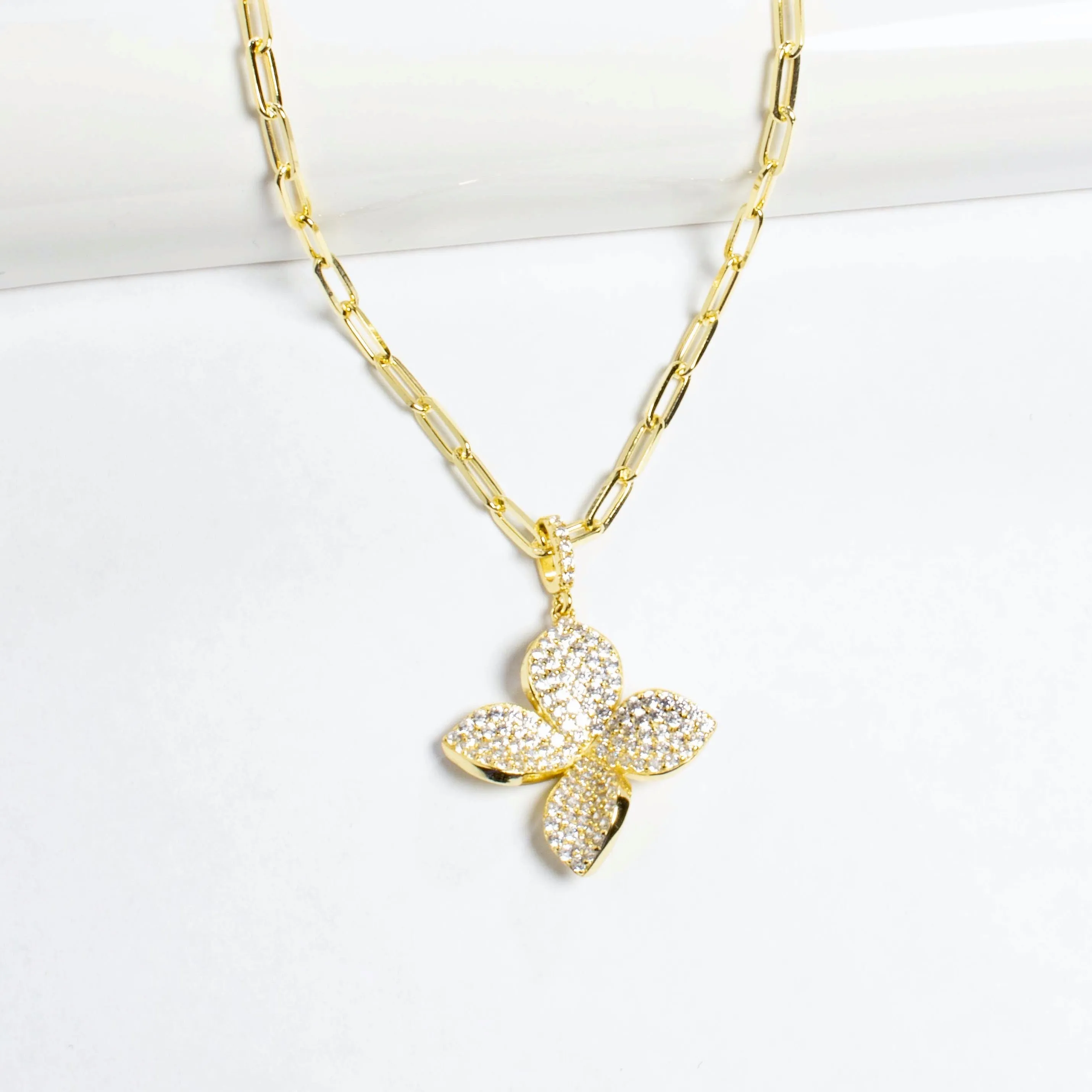 4 Leaf Flower Pave CZ  Necklace - Gold or Silver