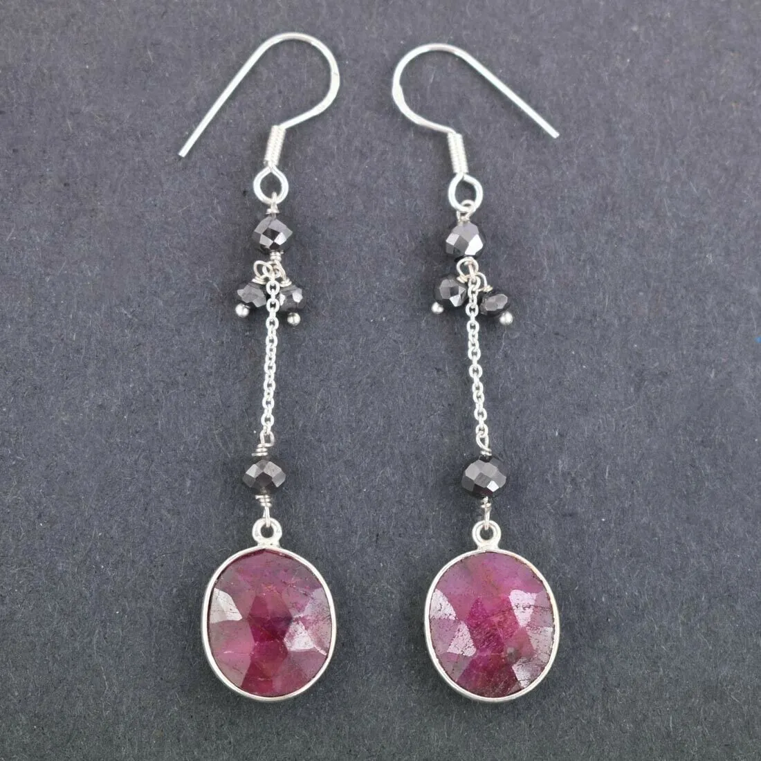 4 mm, Black Diamond Bead Earring with African Ruby Gemstone, Chain Style- Elegant Look with Great Shine