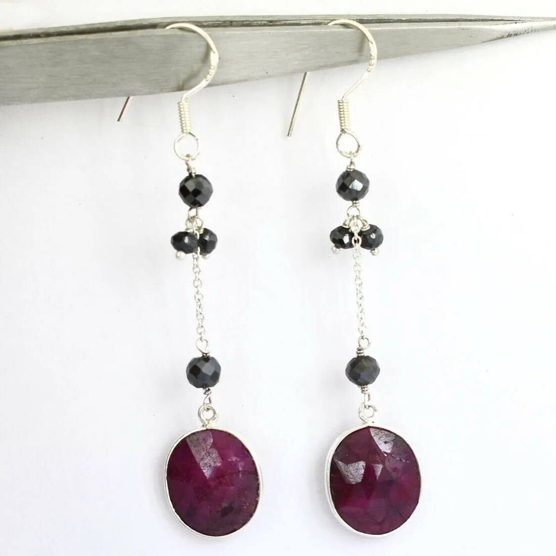 4 mm, Black Diamond Bead Earring with African Ruby Gemstone, Chain Style- Elegant Look with Great Shine
