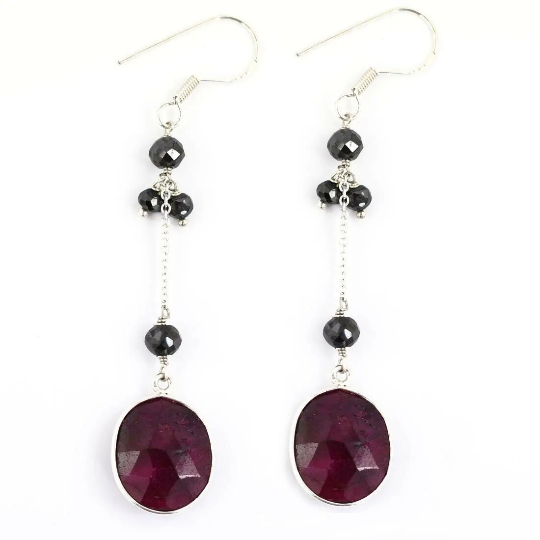 4 mm, Black Diamond Bead Earring with African Ruby Gemstone, Chain Style- Elegant Look with Great Shine