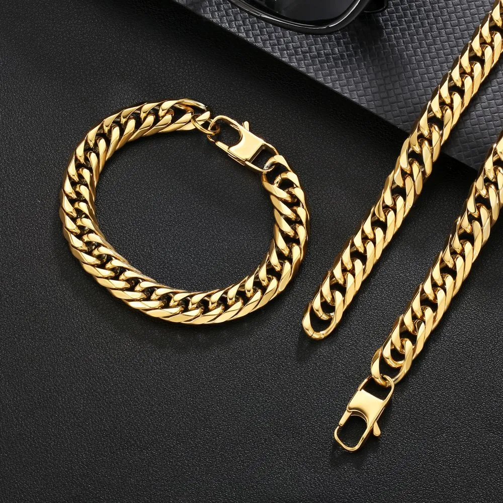 6-Sided | 12mm Miami Cuban Link Chain and Bracelet Set in 18K Gold KRKC