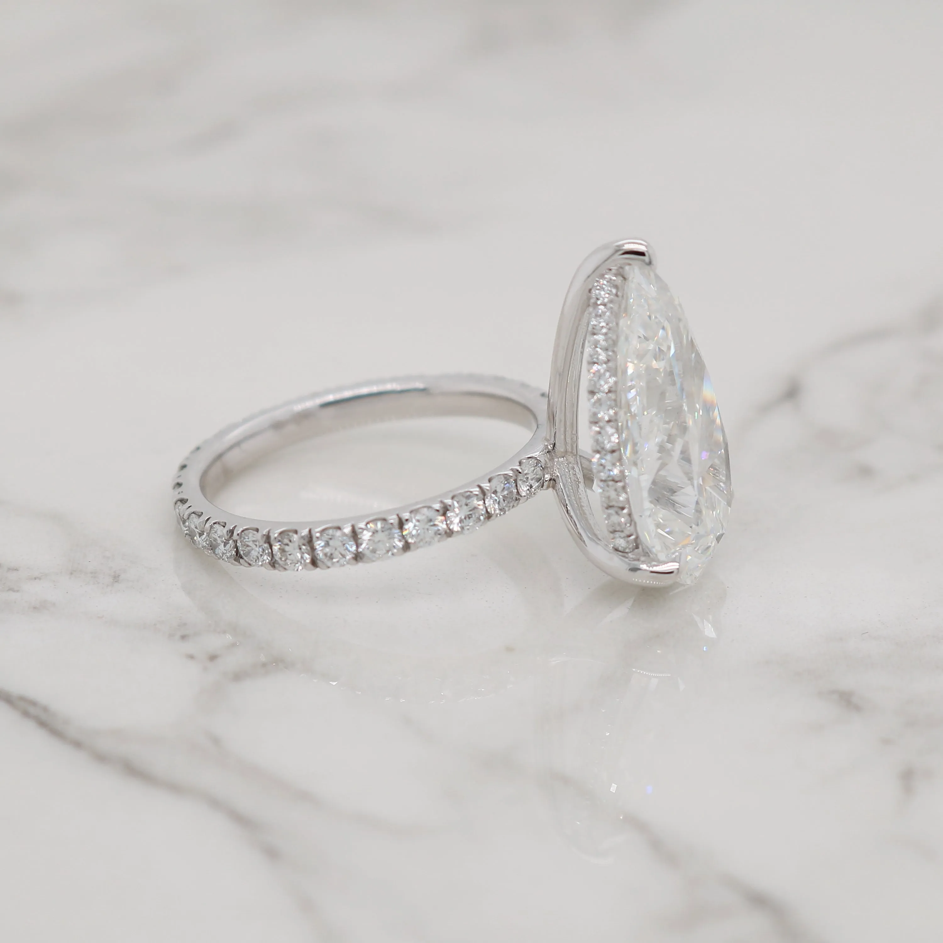 6ct Pear Shape, Hidden Halo, Pavé Engagement Ring