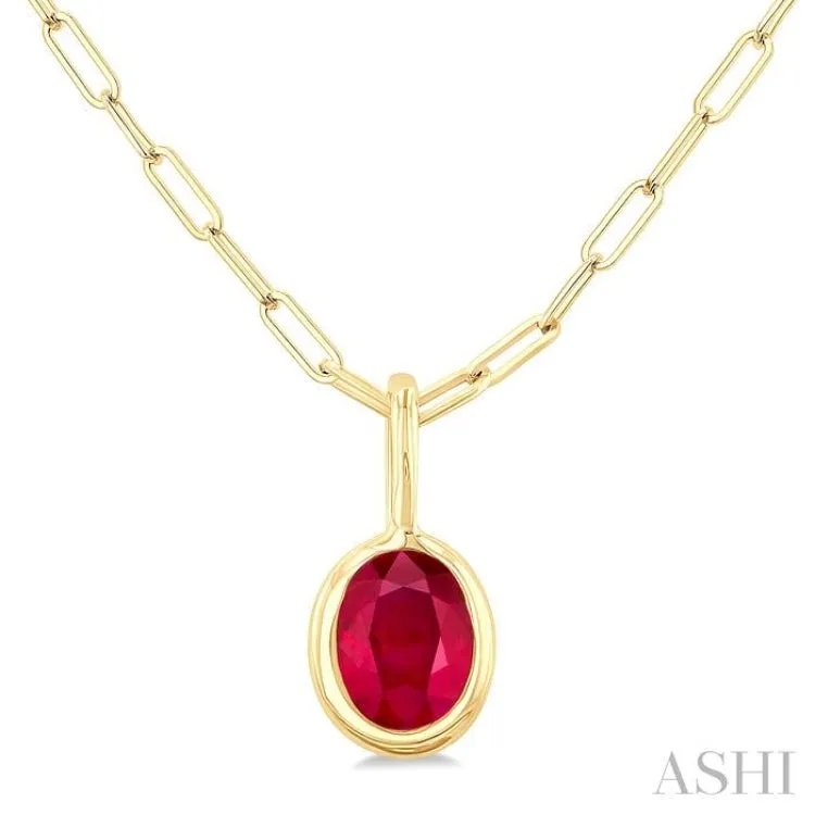 6x4 MM Bezel Set Oval Cut Ruby Precious Fashion Pendant With Paperclip Chain in 10K Yellow Gold