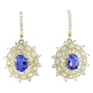7.20 Carat Natural Tanzanite 14K Yellow Gold Diamond Earrings