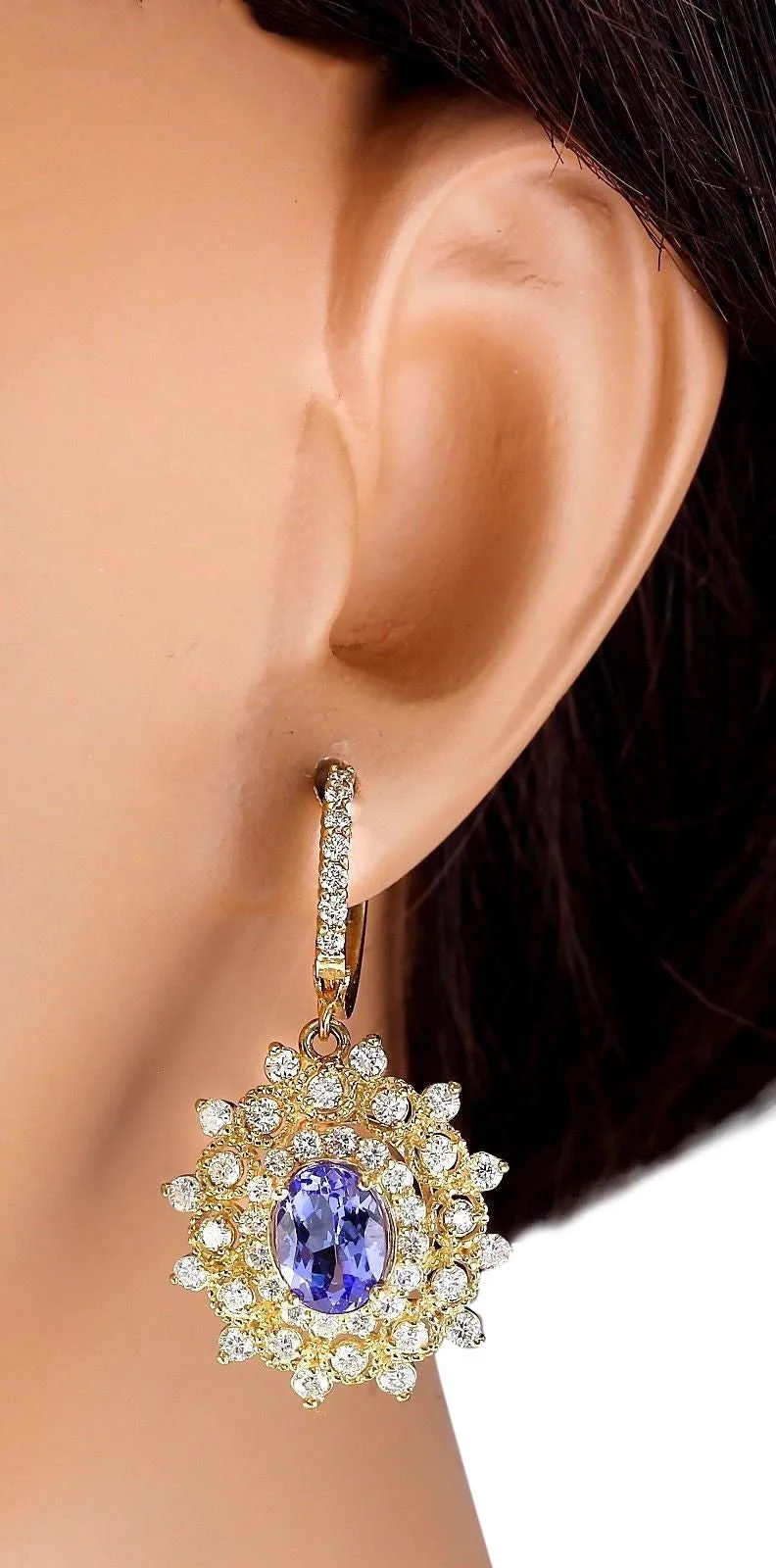 7.20 Carat Natural Tanzanite 14K Yellow Gold Diamond Earrings