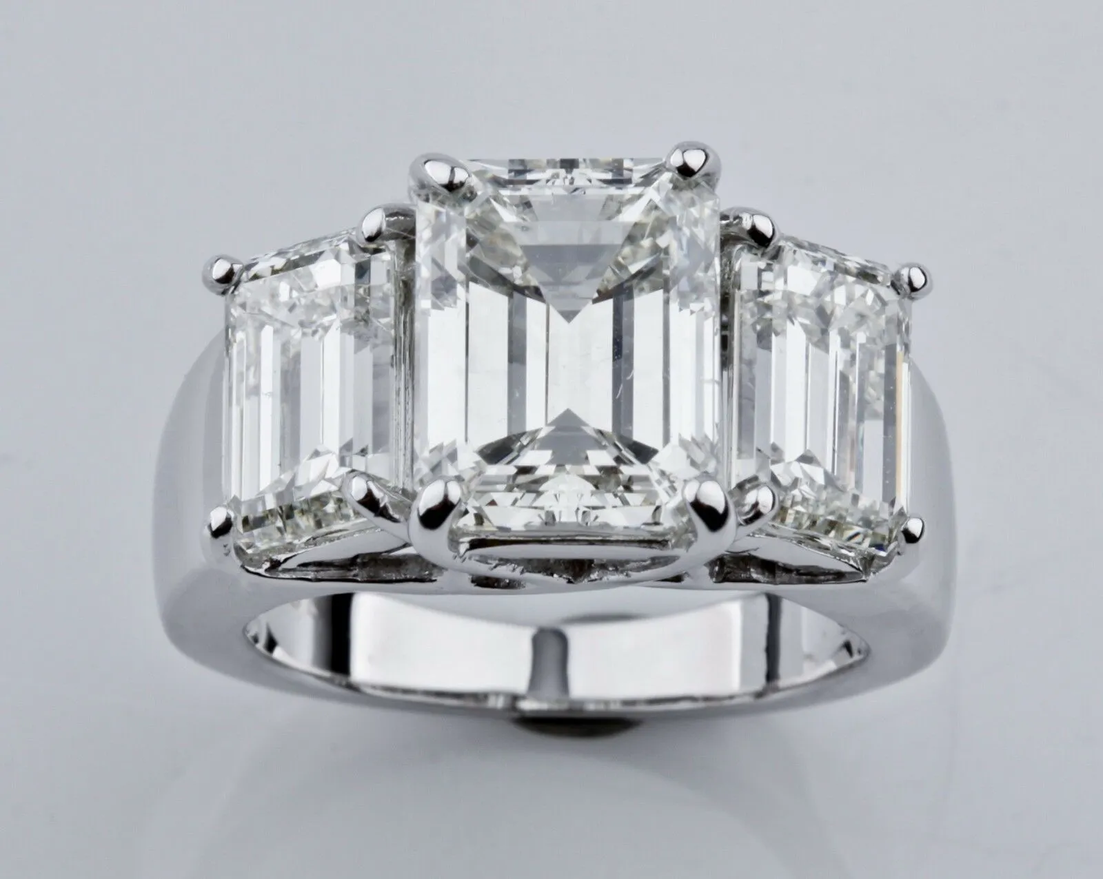 7.66 carat Emerald-Cut 3-Stone 18k White Gold Diamond Engagement Ring
