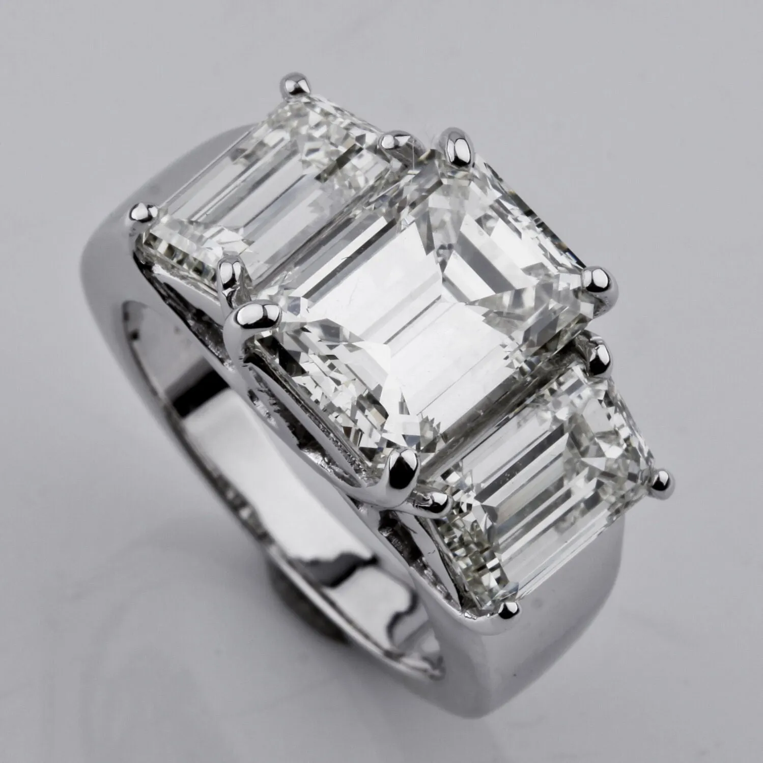 7.66 carat Emerald-Cut 3-Stone 18k White Gold Diamond Engagement Ring