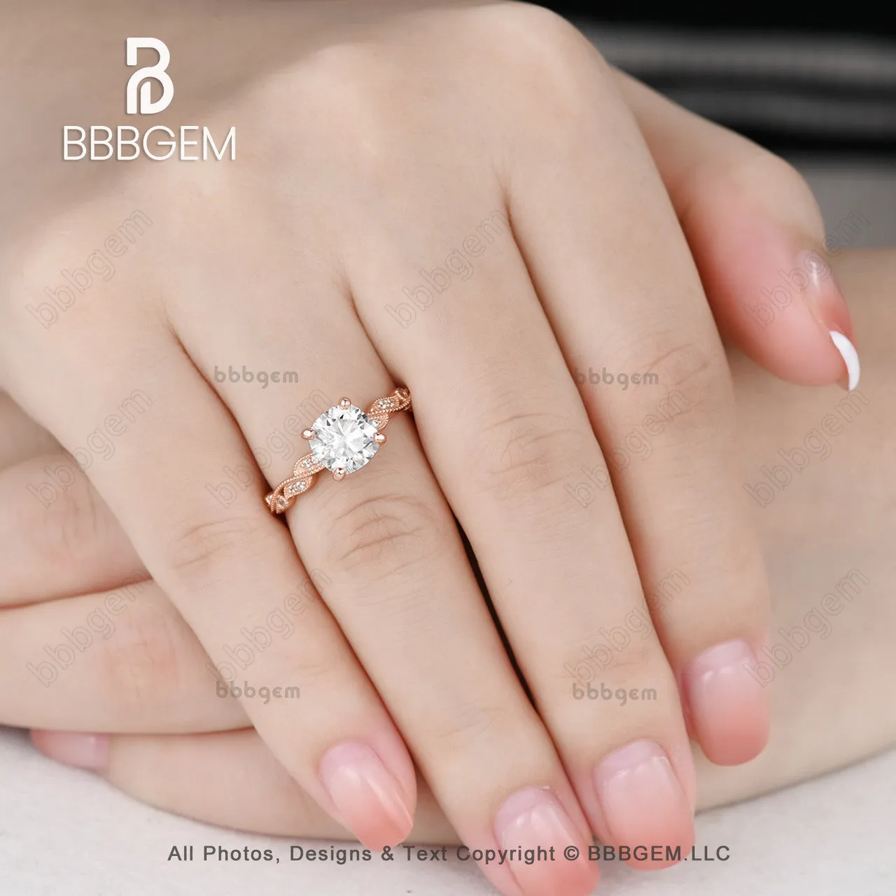 7mm Cushion Cut Forever Moissanite Engagement Ring 2 Carat Milgrain Vintage Moissanite Band Promise Ring 14k Rose Gold