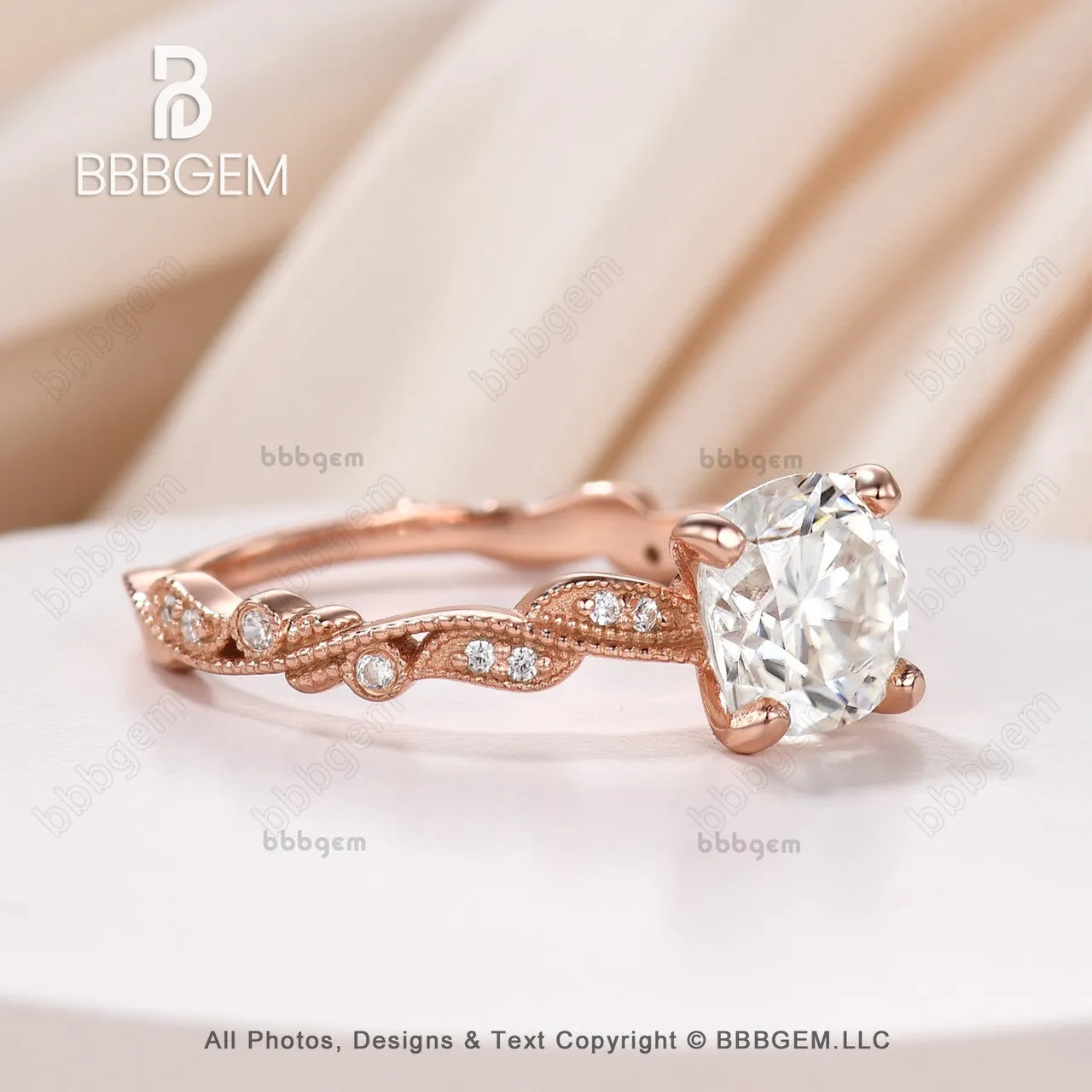 7mm Cushion Cut Forever Moissanite Engagement Ring 2 Carat Milgrain Vintage Moissanite Band Promise Ring 14k Rose Gold