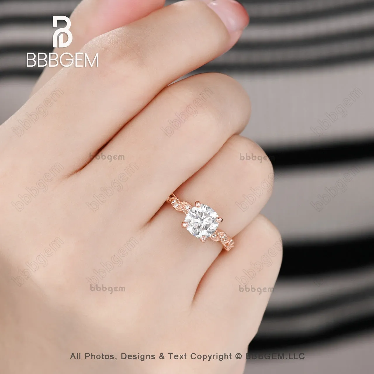 7mm Cushion Cut Forever Moissanite Engagement Ring 2 Carat Milgrain Vintage Moissanite Band Promise Ring 14k Rose Gold