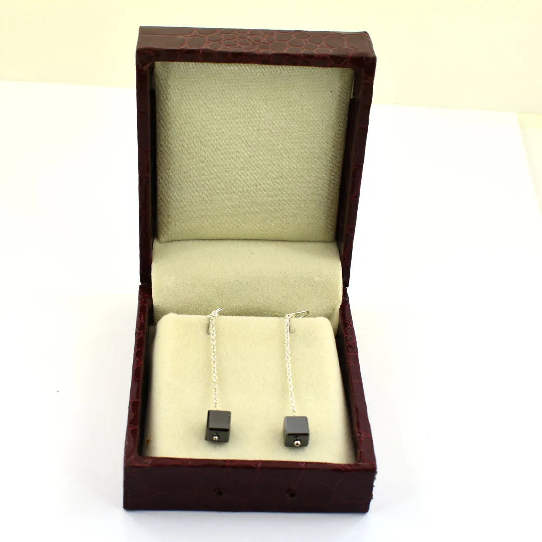 8 Ct, Certified Cube Shape Black Diamond Dangler Drop Earrings in Sterling Silver- Amazing Look