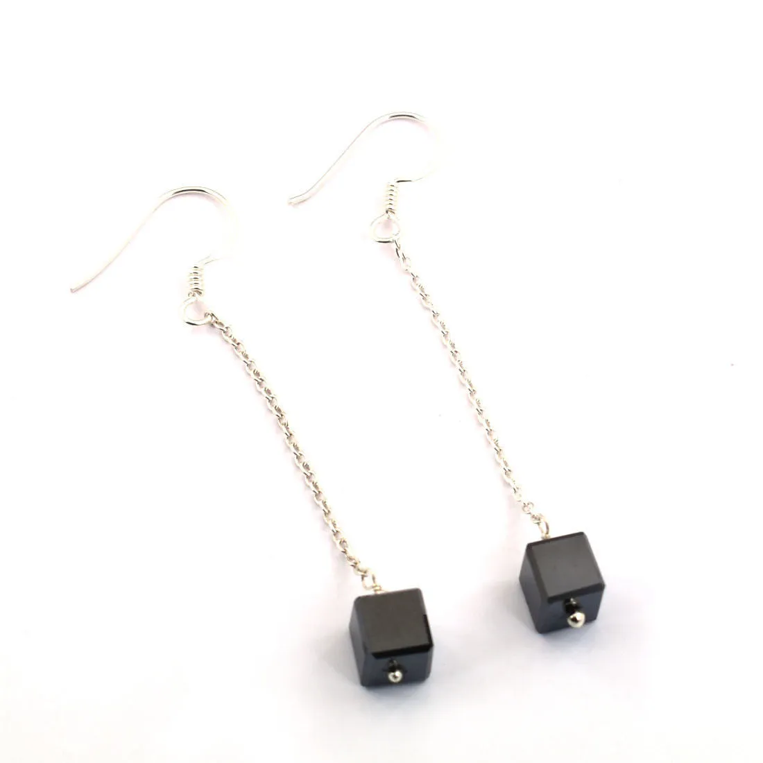 8 Ct, Certified Cube Shape Black Diamond Dangler Drop Earrings in Sterling Silver- Amazing Look