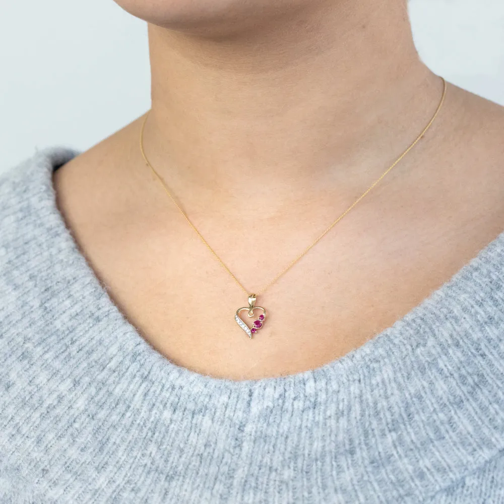 9ct Yellow Gold Natural Ruby & Diamond Heart Pendant On 45cm Chain