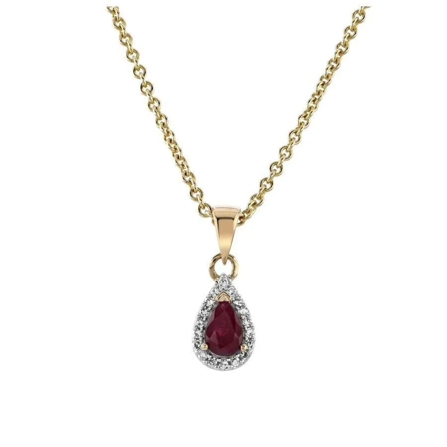 9ct Yellow Gold Ruby and Diamond Tear Drop Cluster Pendant