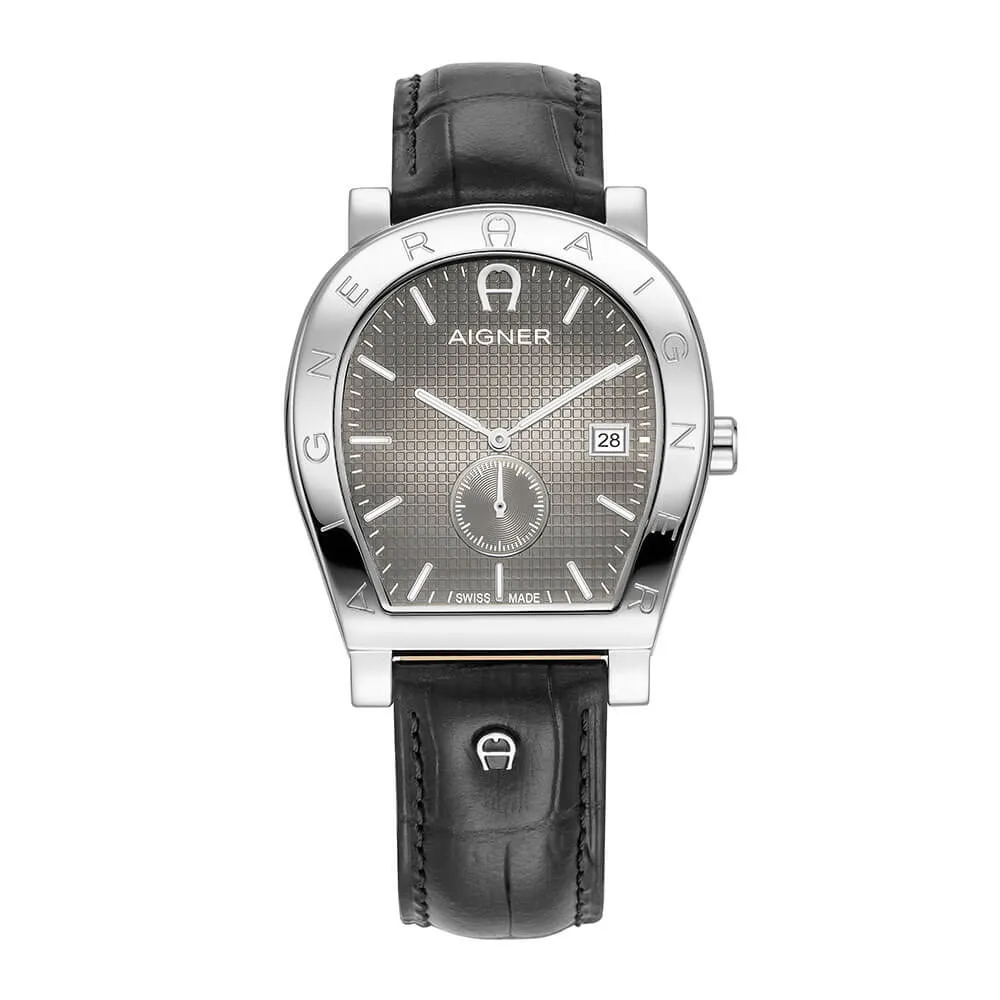 Aigner Daiano Gents Grey Dial Black Leather Strap Watch
