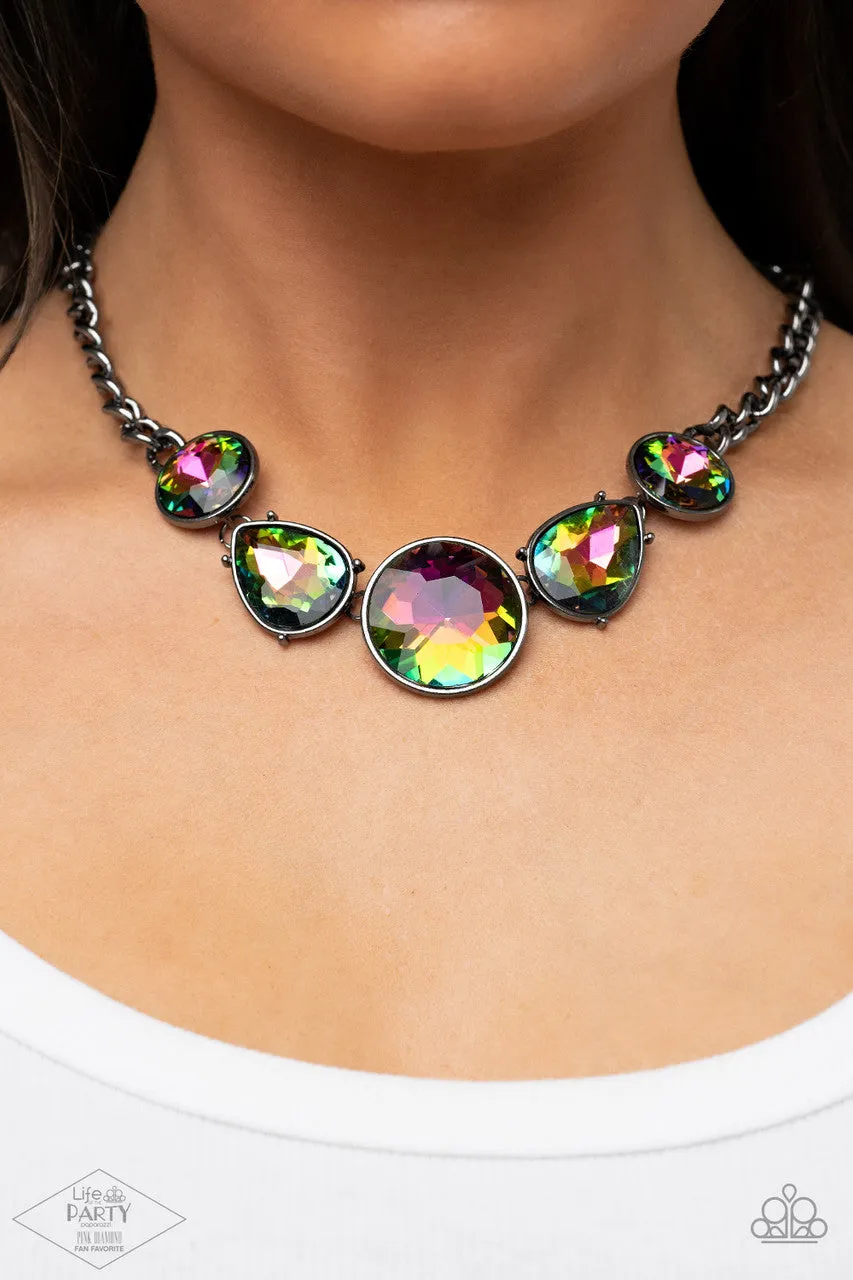 All the World's My Stage - Multi - Oil Spill Gunmetal Statement Paparazzi Short Necklace - Pink Diamond Exclusive